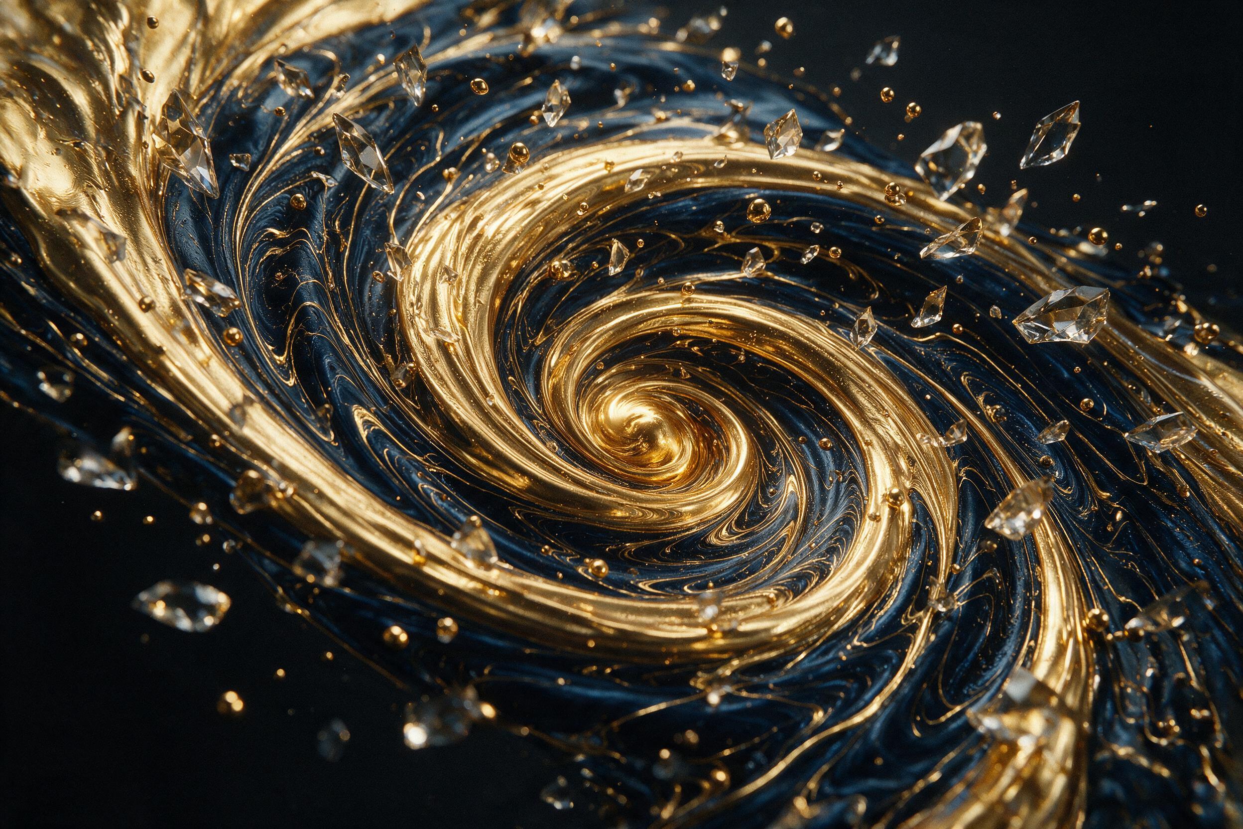 A swirling vortex of molten gold and midnight blue liquid metal, frozen mid-motion with sharp crystalline shards exploding outward, dramatic chiaroscuro lighting casting deep shadows, macro lens perspective capturing intricate fractal patterns on the surface, subtle film grain, minimalist compositio
