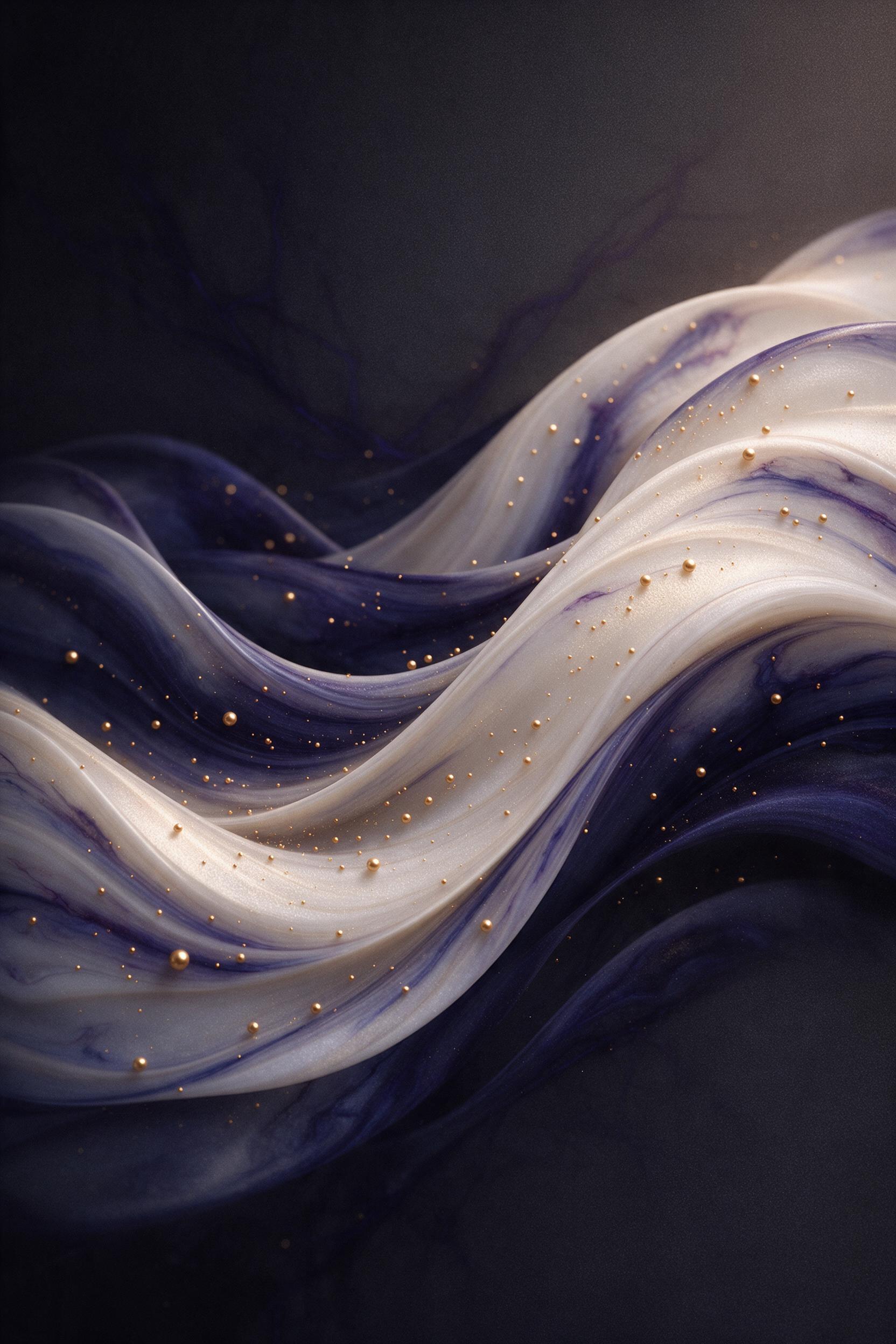 Fluid abstract art, swirling ribbons of pearlescent white and deep indigo, with scattered golden micro-spheres catching warm side light, soft gradients across a dark charcoal backdrop, suggesting gentle motion and depth, minimalist composition, high-contrast shadows, fine grain texture
