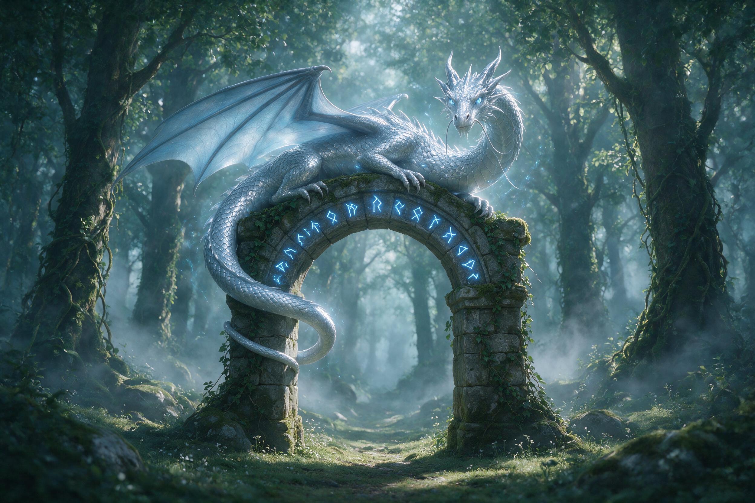 A luminous silver dragon curled around an ancient stone archway in a misty forest, glowing blue runes etched on the arch, soft moonlight filtering through canopy, shallow depth of field, mossy ground, ethereal atmosphere