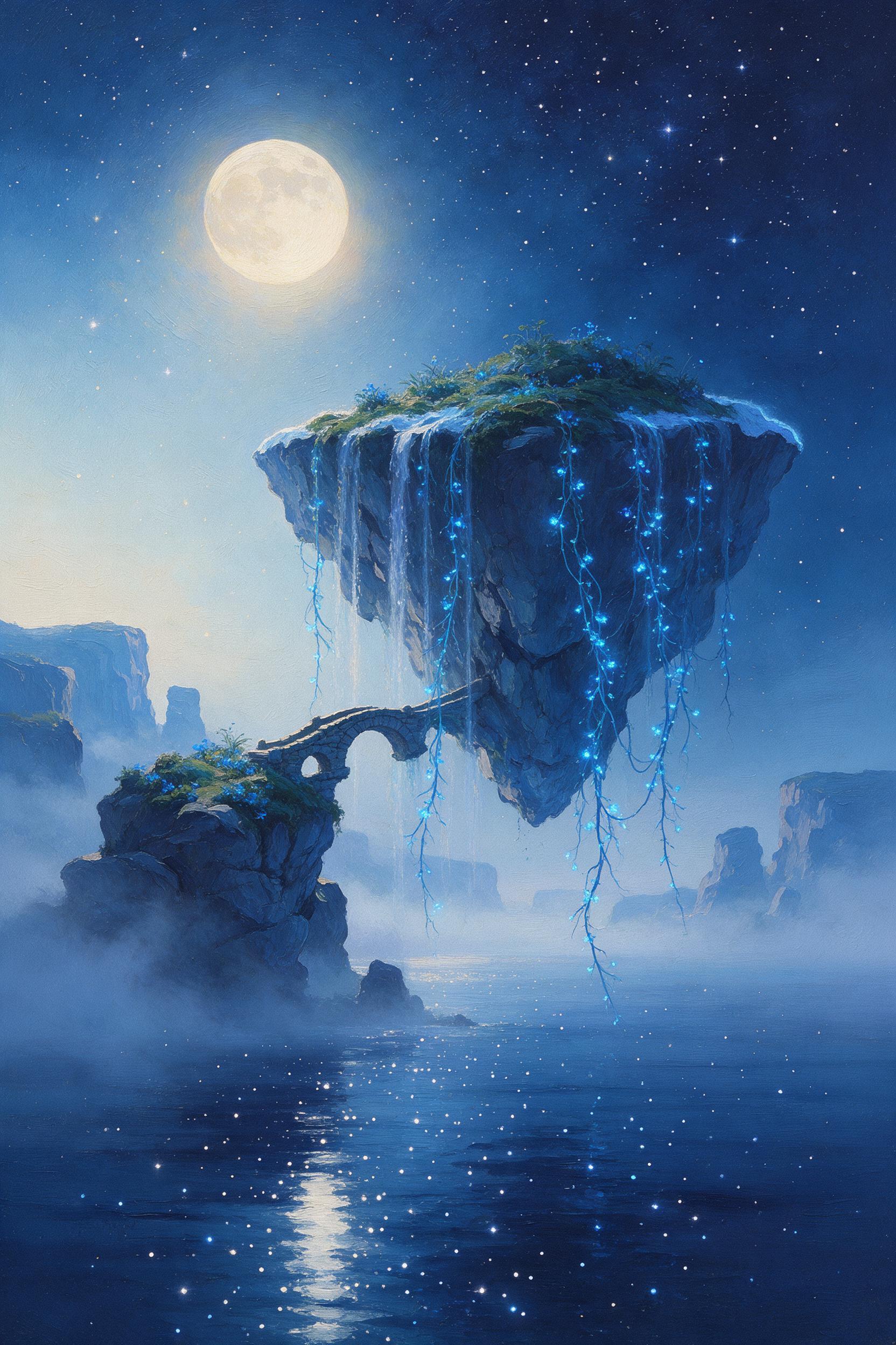 A moonlit floating island with glowing blue vines cascading down, a small stone bridge connects to a lower rock, stars reflecting in a calm sea below, soft mist, cool tones, painterly brushwork, gentle rim light.