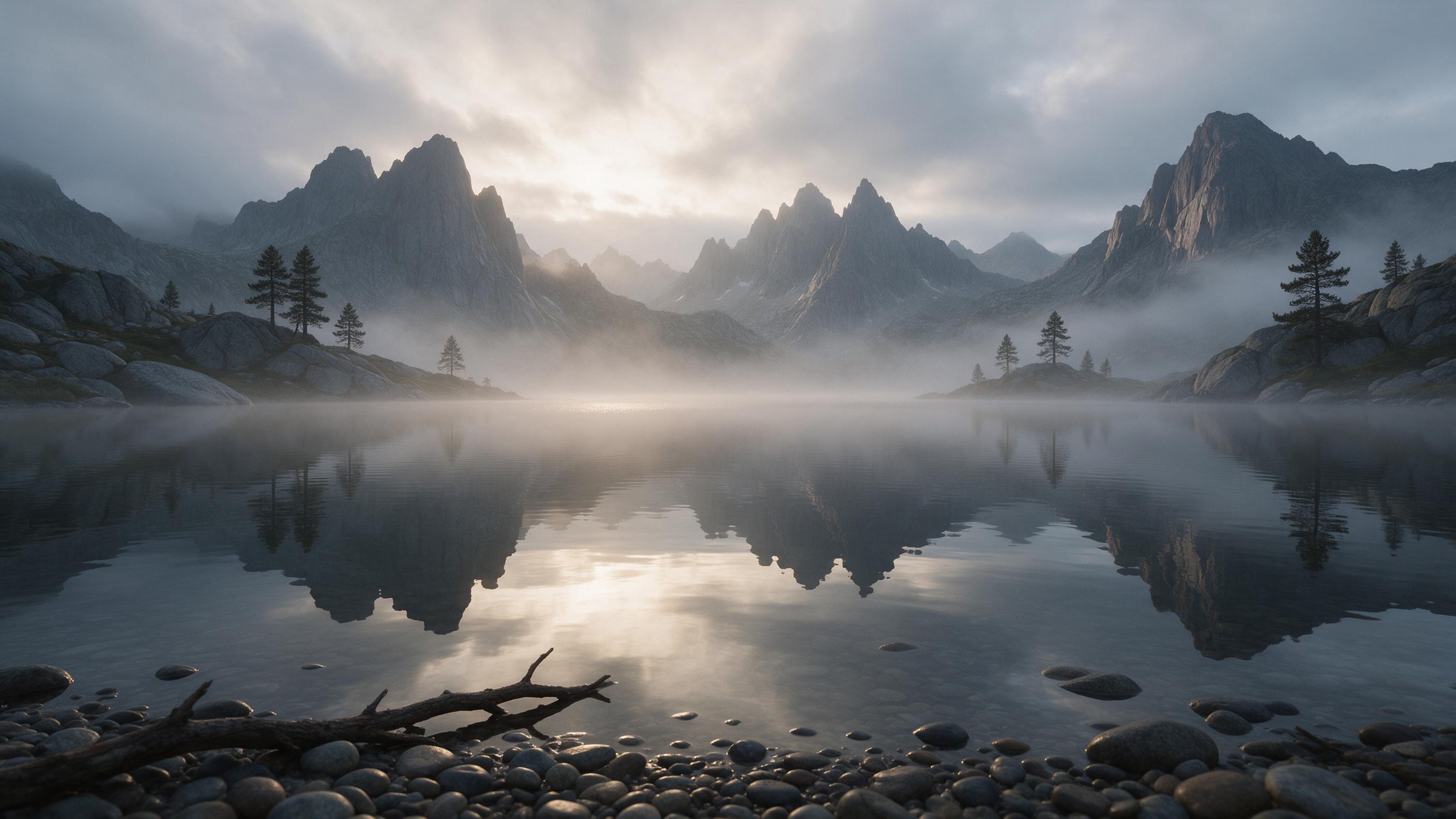 A misty alpine lake at dawn, still water reflecting jagged granite peaks and a few scattered pine trees. Soft golden light breaks through low clouds, creating a subtle glow on the surface. Foreground shows smooth pebbles and a fallen branch. Composition draws the eye from the shore to the distant mo