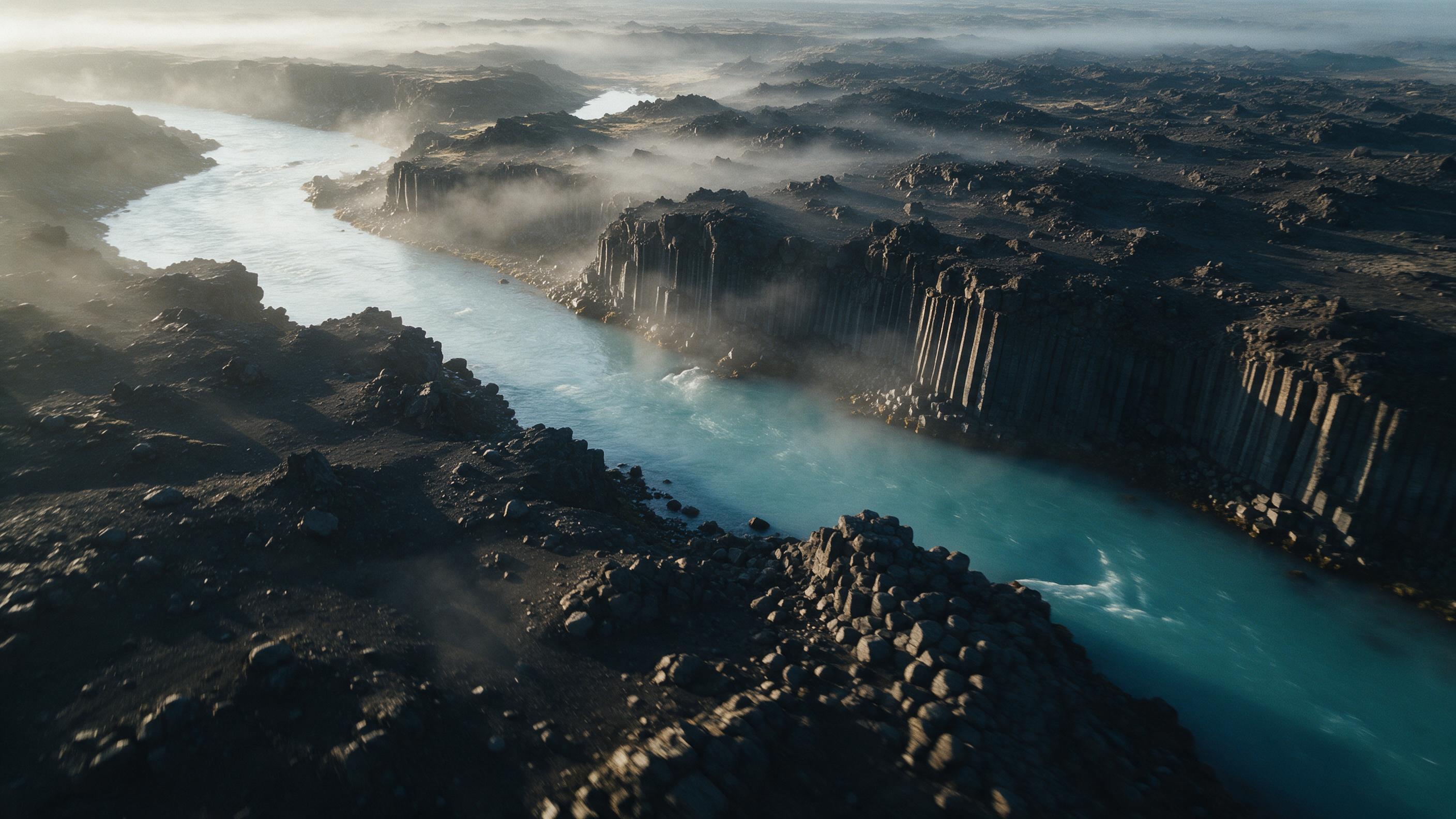 Aerial view of a winding turquoise glacial river cutting through dark volcanic basalt columns, soft morning mist clinging to the surface, low golden sunlight casting long shadows, subtle film grain and slight wind blur from a drone shot, minimalist composition with the river leading the eye from lef
