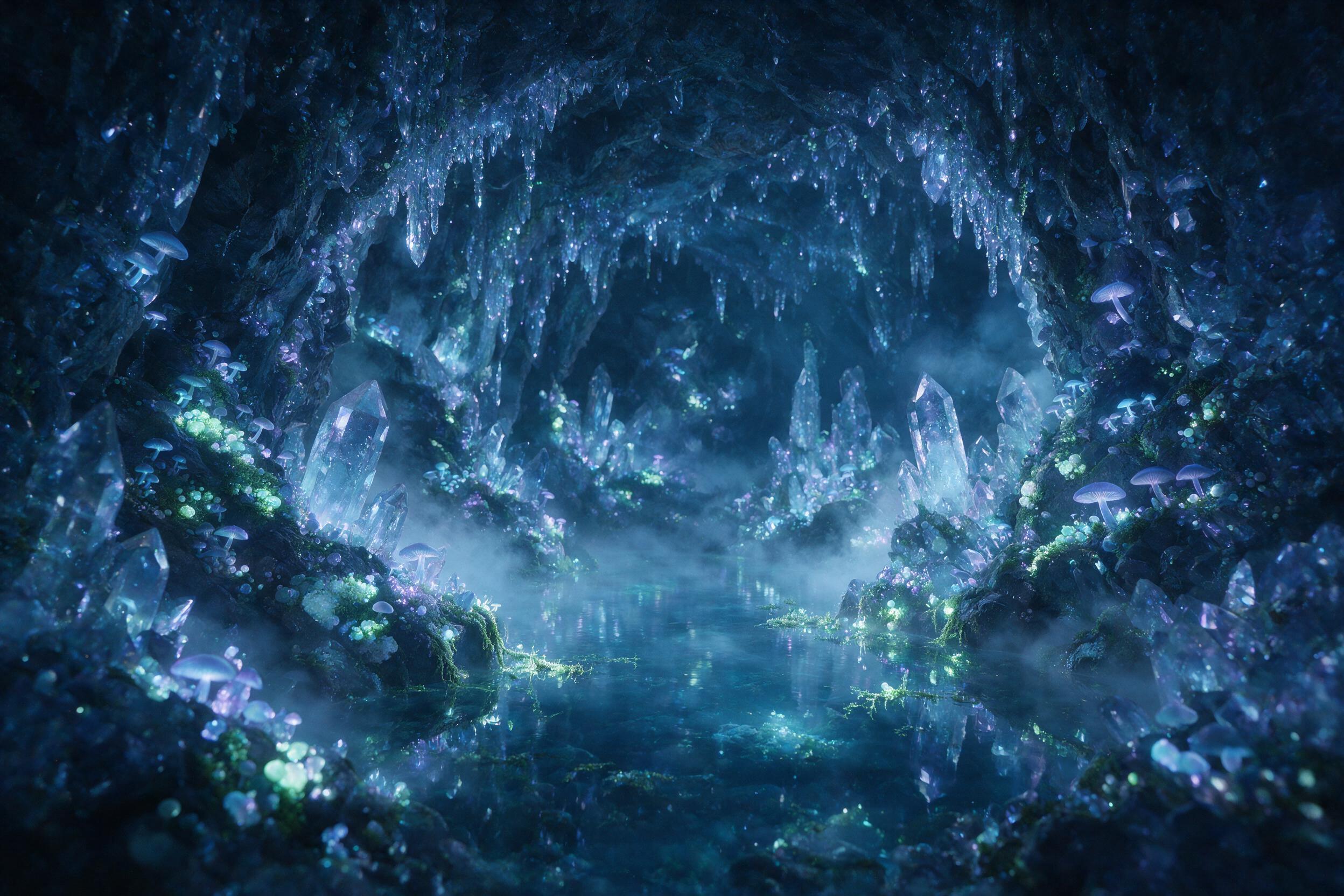 A luminous crystal cave deep underground, bioluminescent fungi and moss clinging to jagged rocks, a faint blue glow reflecting off a still underground pool, mist swirling, soft cinematic lighting, slight grain, wide angle shot