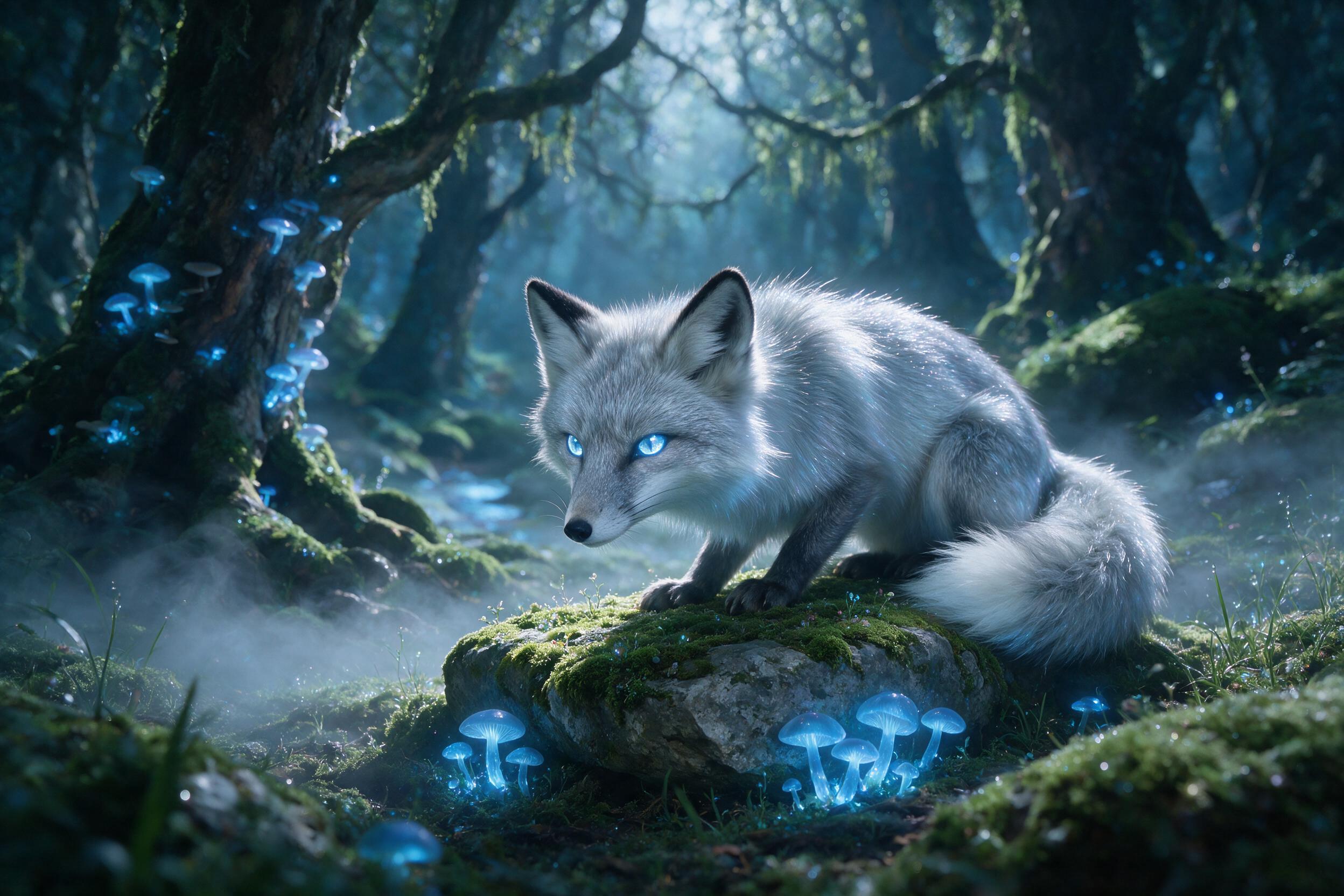 A luminous silver fox with crystalline eyes crouches on a moss-covered stone in a moonlit enchanted forest, soft blue bioluminescent fungi glowing around its paws, mist swirling low, gentle fog diffuses the light, shallow depth of field, ethereal atmosphere