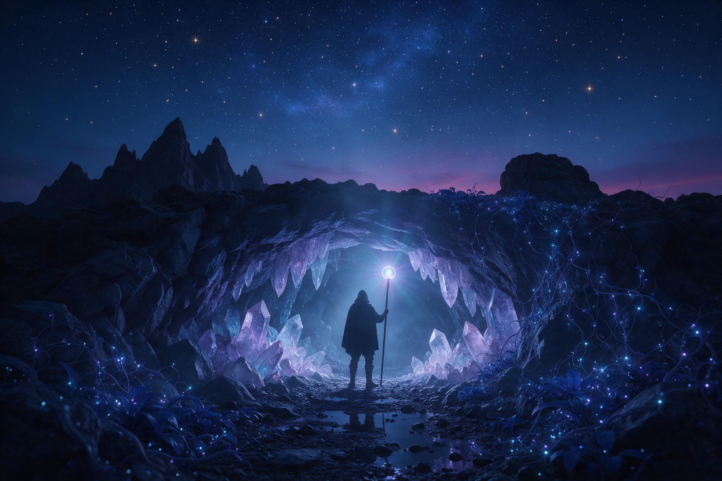 A luminous crystal cave beneath a starry night sky, bioluminescent vines curling along jagged quartz walls, a silhouetted figure holding a glowing staff at the entrance, soft blue and purple light, misty atmosphere, cinematic composition