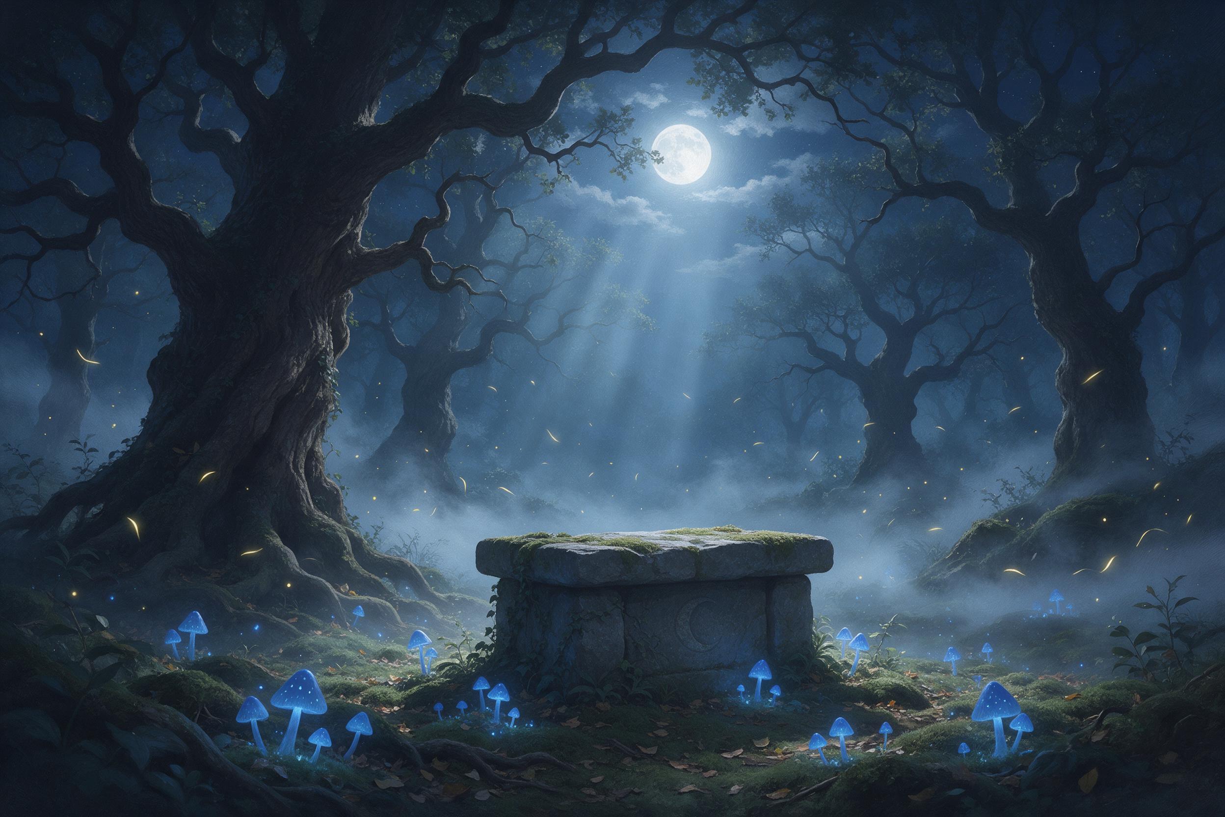 A moonlit enchanted forest clearing, glowing blue mushrooms scattered around a mossy stone altar, silver mist weaving between ancient oak trees, fireflies tracing light paths, soft volumetric moonlight filtering through canopy, dreamy ethereal atmosphere, subtle painterly texture, gentle color palet