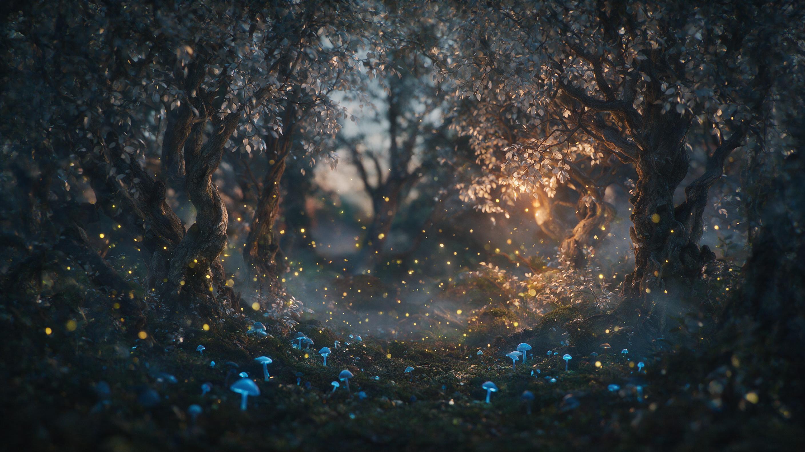 A mystical forest clearing at twilight, glowing blue mushrooms scattered on mossy ground, ancient twisted trees with silver leaves, soft golden fireflies floating in mid-air, ethereal mist winding between trunks, warm amber light from a hidden lantern, shallow depth of field, cinematic composition