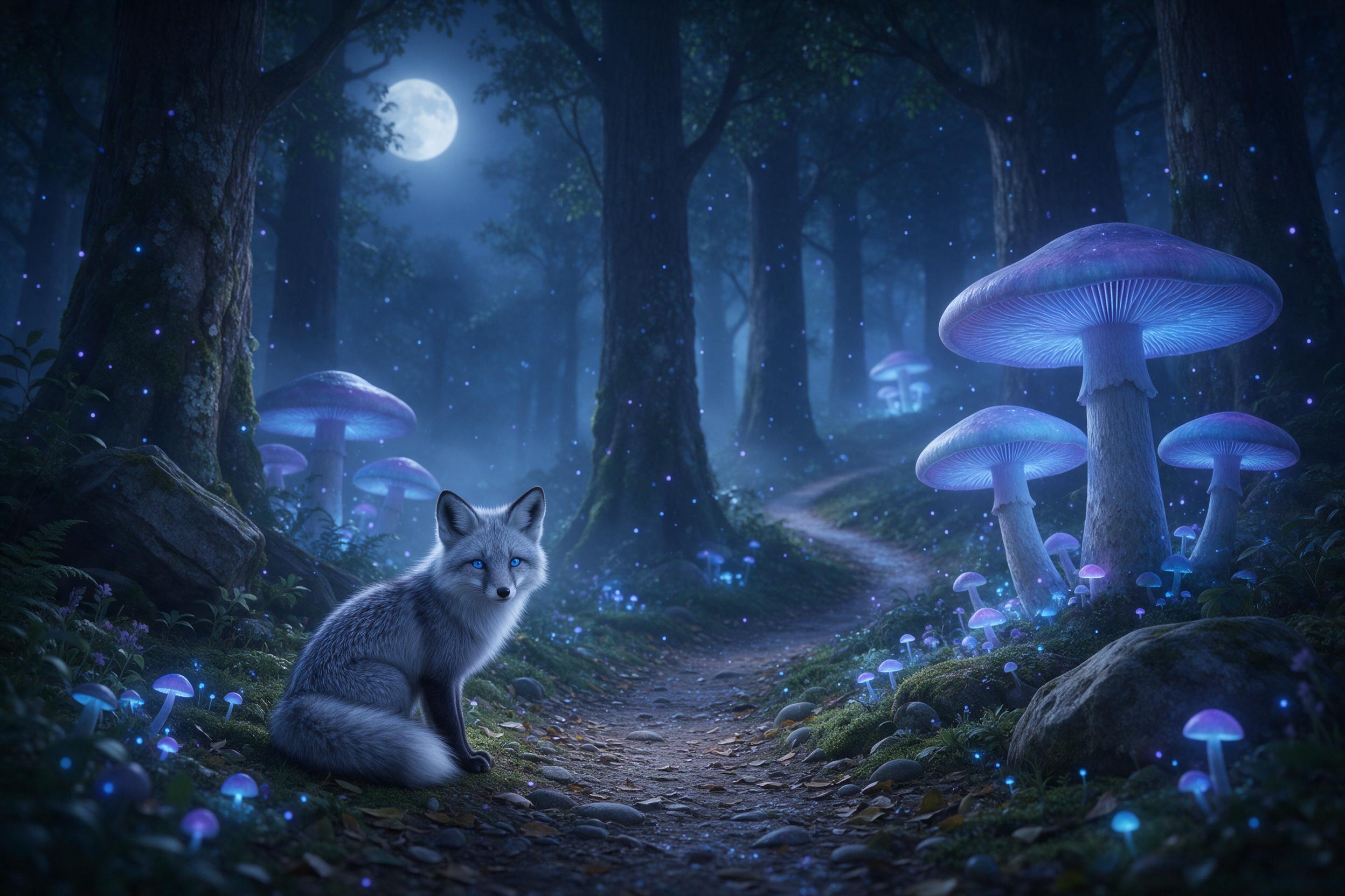 A moonlit ancient forest where giant bioluminescent mushrooms cast soft blue and purple light onto a winding path, delicate glowing spores drift in the air, a small silver fox with crystal-blue eyes sits at the path edge, misty atmosphere, gentle depth of field, ethereal and mysterious mood, no peop