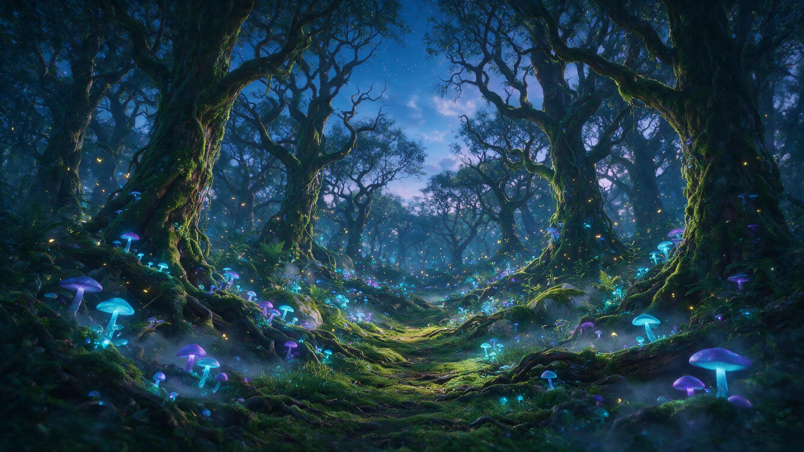 A glowing, ethereal forest at twilight, with bioluminescent mushrooms casting soft blue and purple light onto a winding mossy path. Ancient trees with twisted roots, fireflies floating in the air, and a faint mist hugging the ground. Soft, diffused light from above, creating a dreamy, magical atmosp