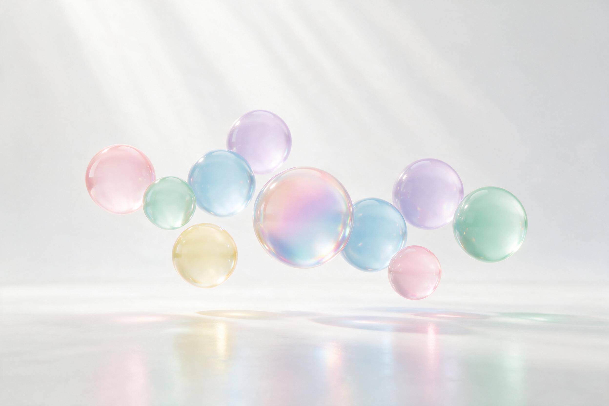 Translucent geometric shapes, floating acrylic spheres in soft pastel colors, gentle light rays passing through, minimal composition, smooth gradients, clean white background, slight reflections on glossy surfaces, ethereal atmosphere