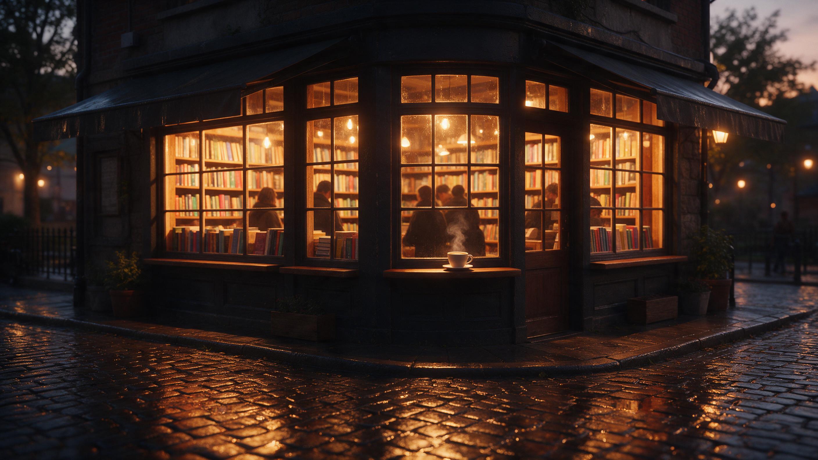 A cozy corner bookstore at dusk, warm amber light spilling from large windows onto rain-slicked cobblestone street, silhouettes of browsing customers inside, shelves of colorful books, a steaming cup of coffee on a wooden ledge, reflections on wet pavement, soft ambient glow, cinematic composition, 