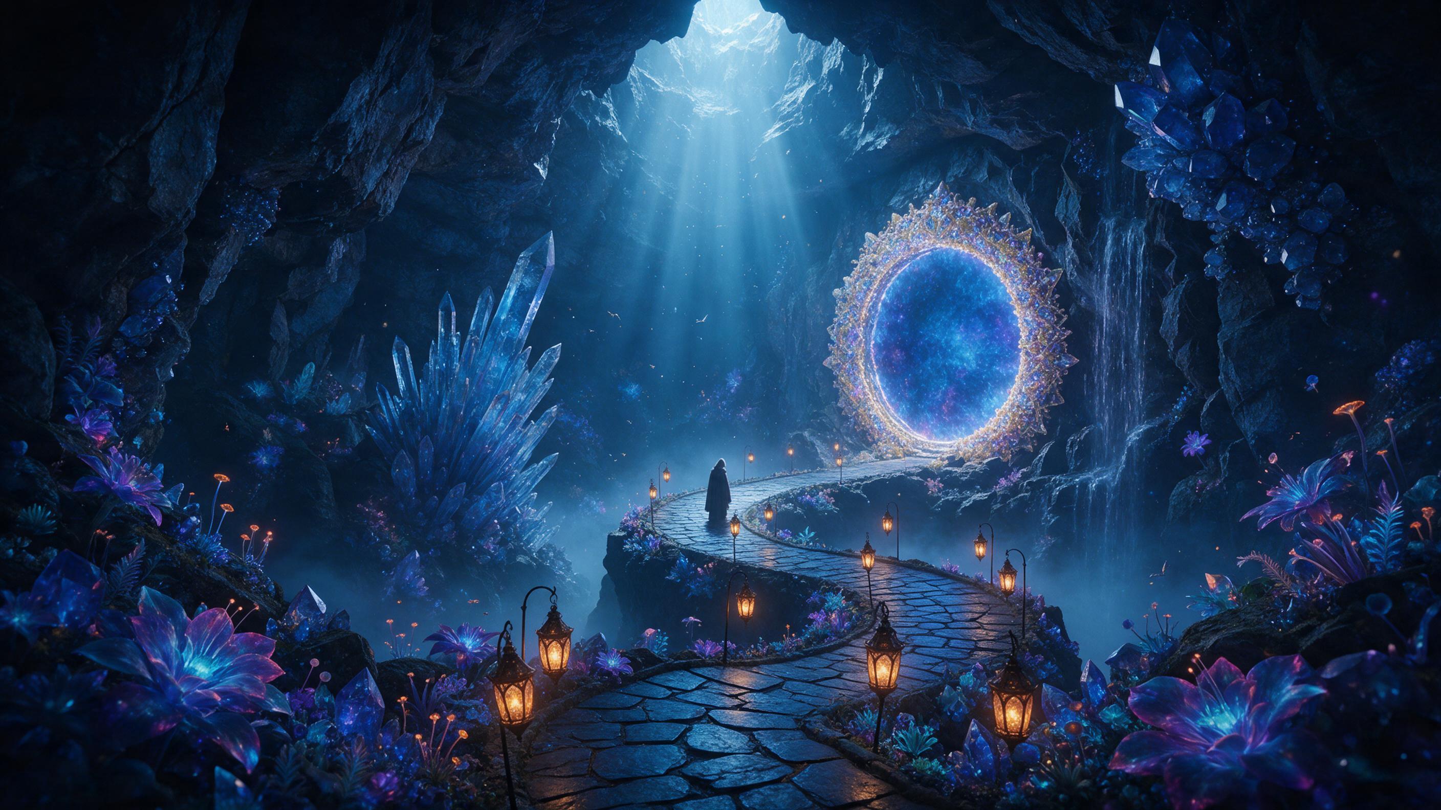 A glowing crystal cave with bioluminescent flora, winding paths of lantern-lit stone, mist veiling the deep blue air, a lone robed figure standing before a shimmering portal, dramatic light rays from above, ethereal atmosphere, rich colors, cinematic composition