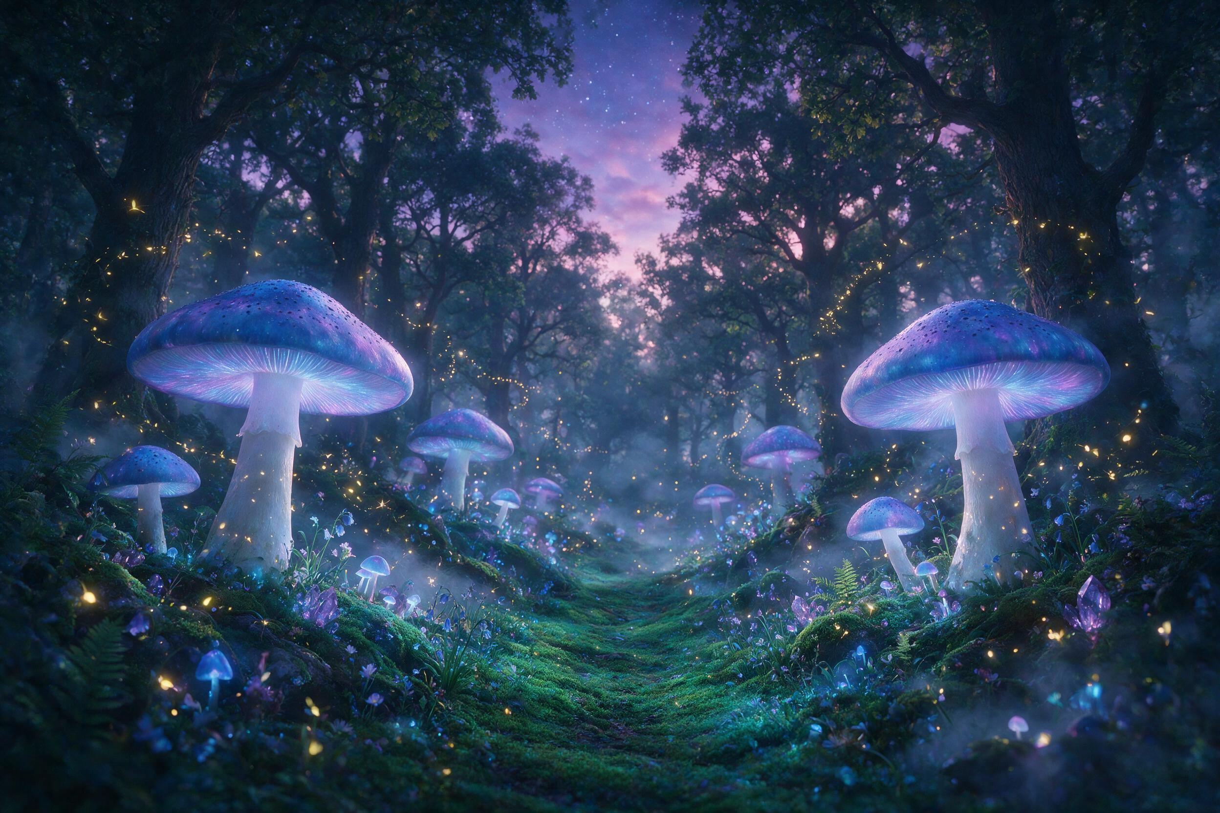 A luminous forest at twilight where giant glowing mushrooms with bioluminescent blue and purple caps cast soft light onto a winding mossy path. Fireflies drift in golden spirals, and a silver mist hugs the ground. Misty depth, soft focus, dreamlike atmosphere, ethereal glow.