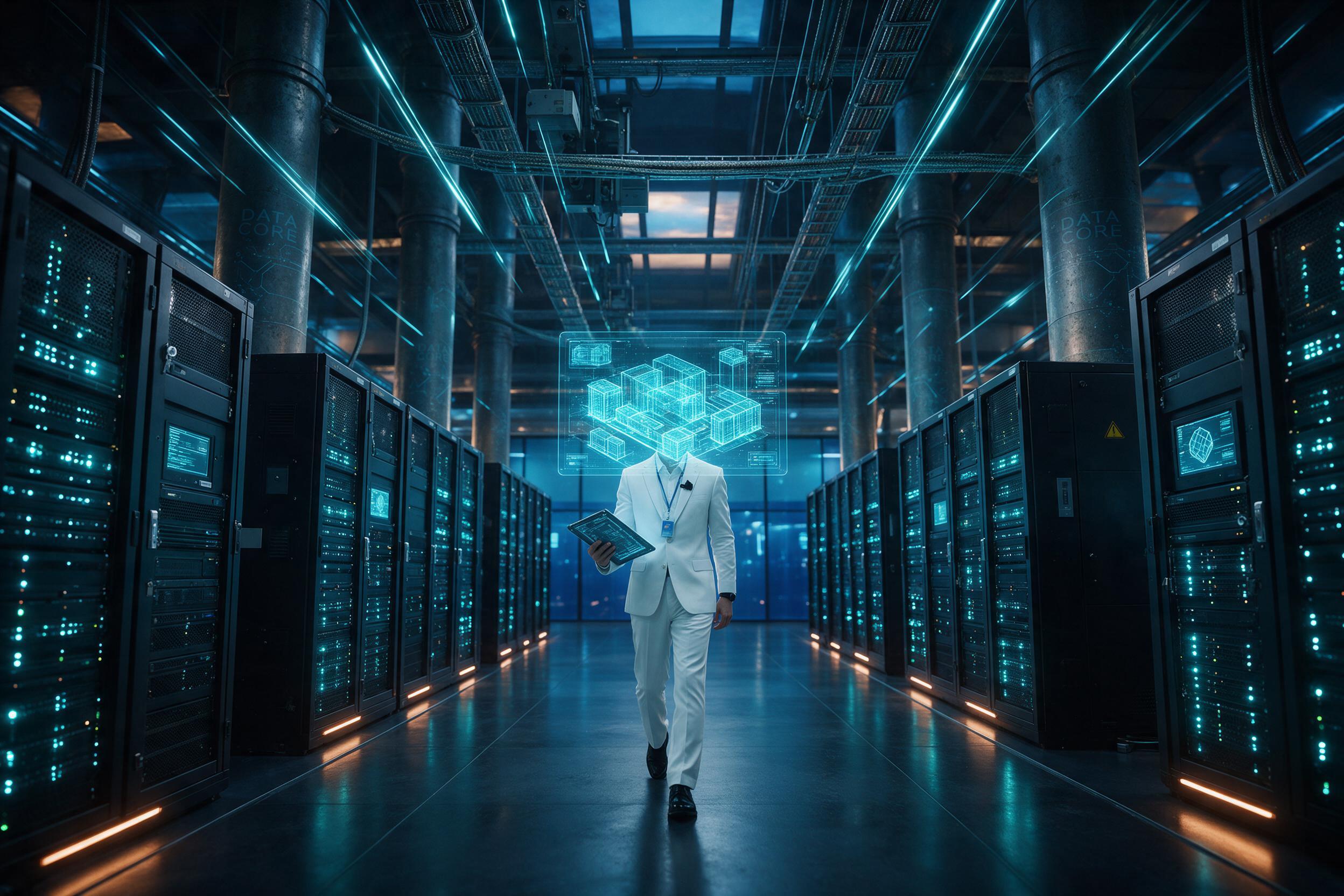 A vast underground data center lit by rows of cyan server racks, a lone technician in a white suit walks through the central aisle, holographic blueprints float above their tablet, light streaks from overhead fiber cables, cold blue and orange accent lighting, wide-angle composition, slight motion b