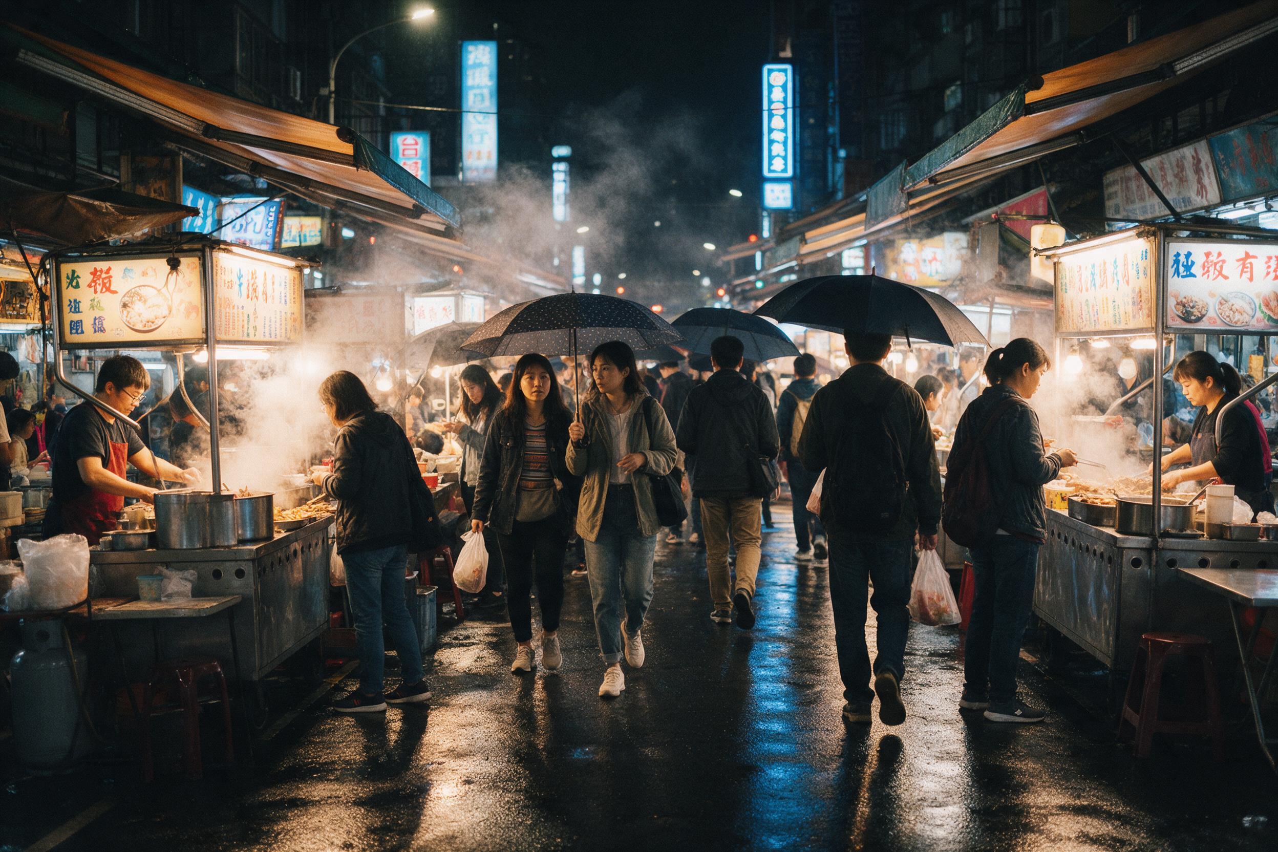 A bustling night market in Taipei, steam rising from food stalls, neon signs reflecting on wet asphalt after light rain, shoppers holding umbrellas, warm tungsten light mixing with cool blue signage, candid street photography with natural motion blur and slight grain.