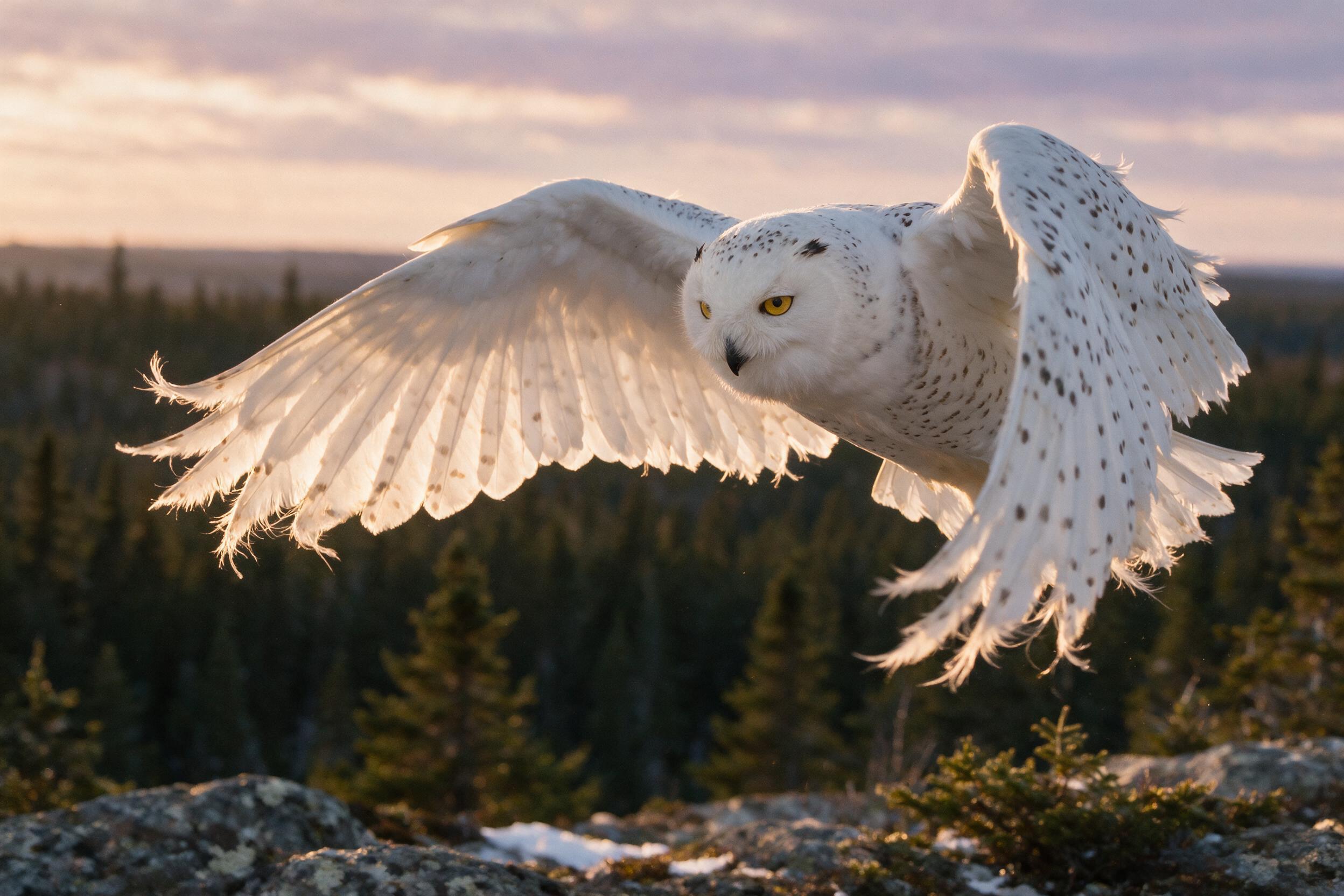 A close-up of a snowy owl in flight at dusk, wings spread wide, soft golden hour light filtering through scattered feathers, blurred forest background, slight grain, natural composition, owl's yellow eyes sharp and focused.