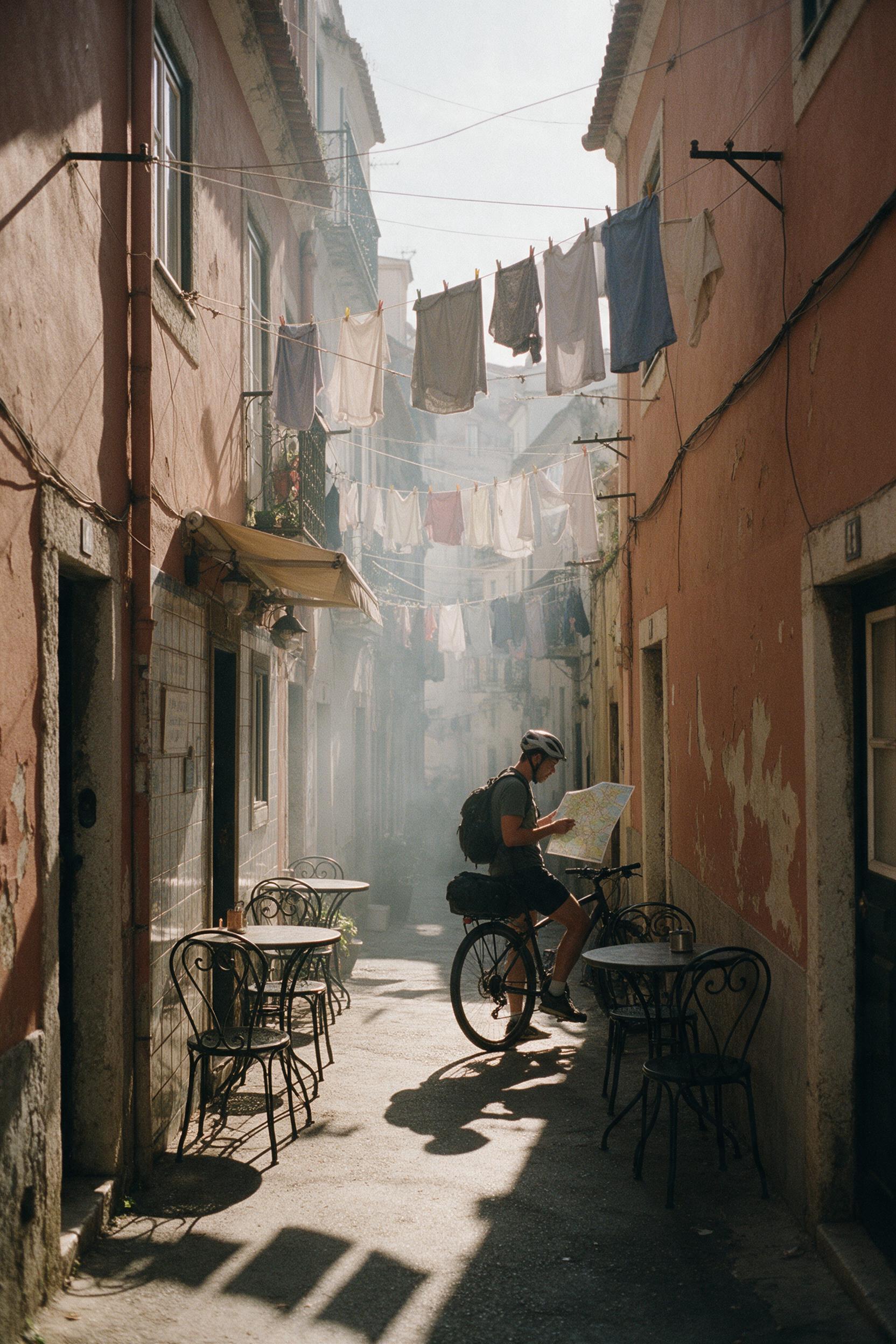 A cozy narrow alley in Lisbon at golden hour, laundry lines crisscross overhead, warm terracotta walls with peeling paint, a tiled café with wrought-iron tables, a cyclist pausing to check a map, soft long shadows, gentle haze, 35mm film grain, candid street photography composition.
