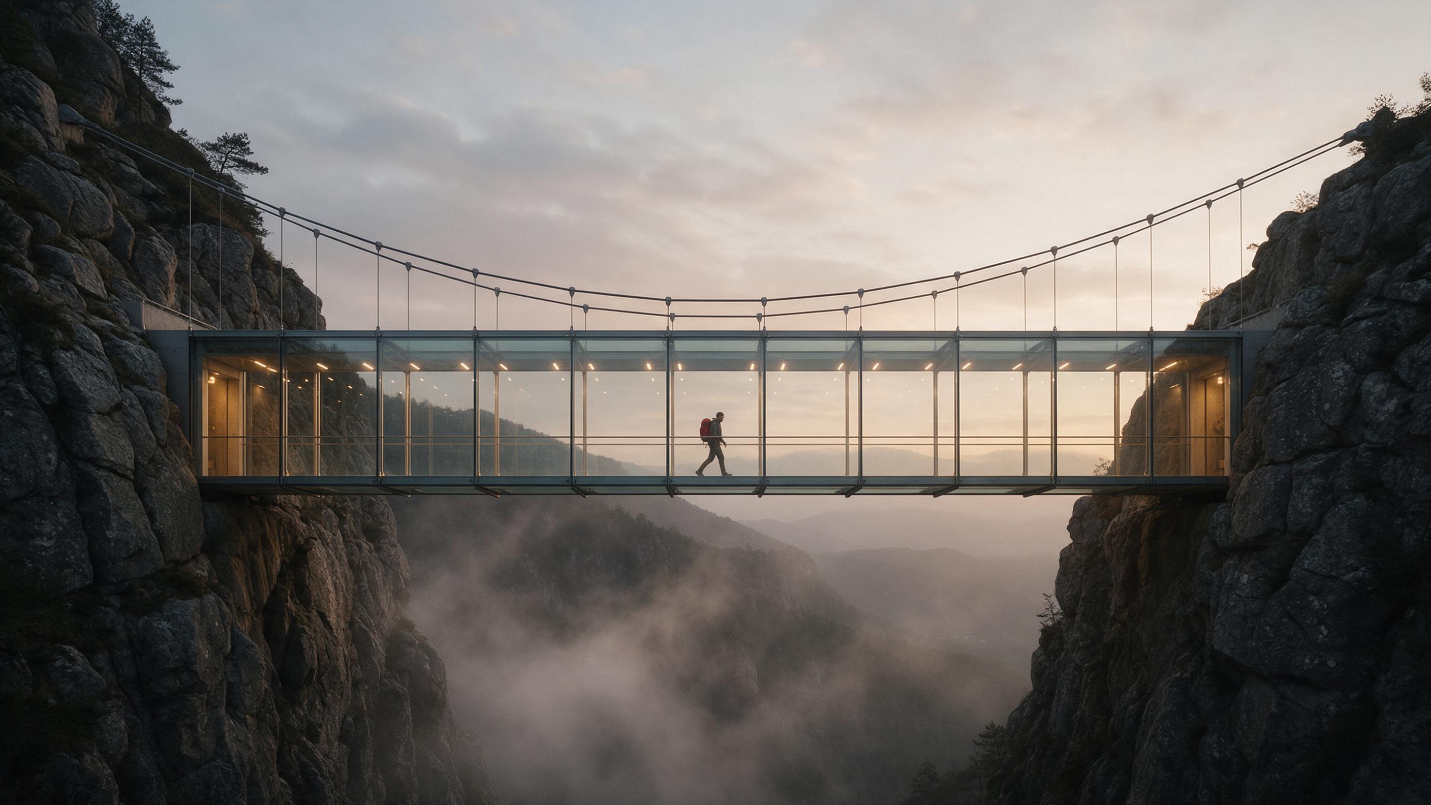 Wide-angle view of a modern glass bridge suspended between two rocky cliffs at dusk, warm interior lights glowing through transparent panels, a lone hiker crossing with a red backpack, mist rising from the valley below, natural muted color palette, soft haze over distant mountains.