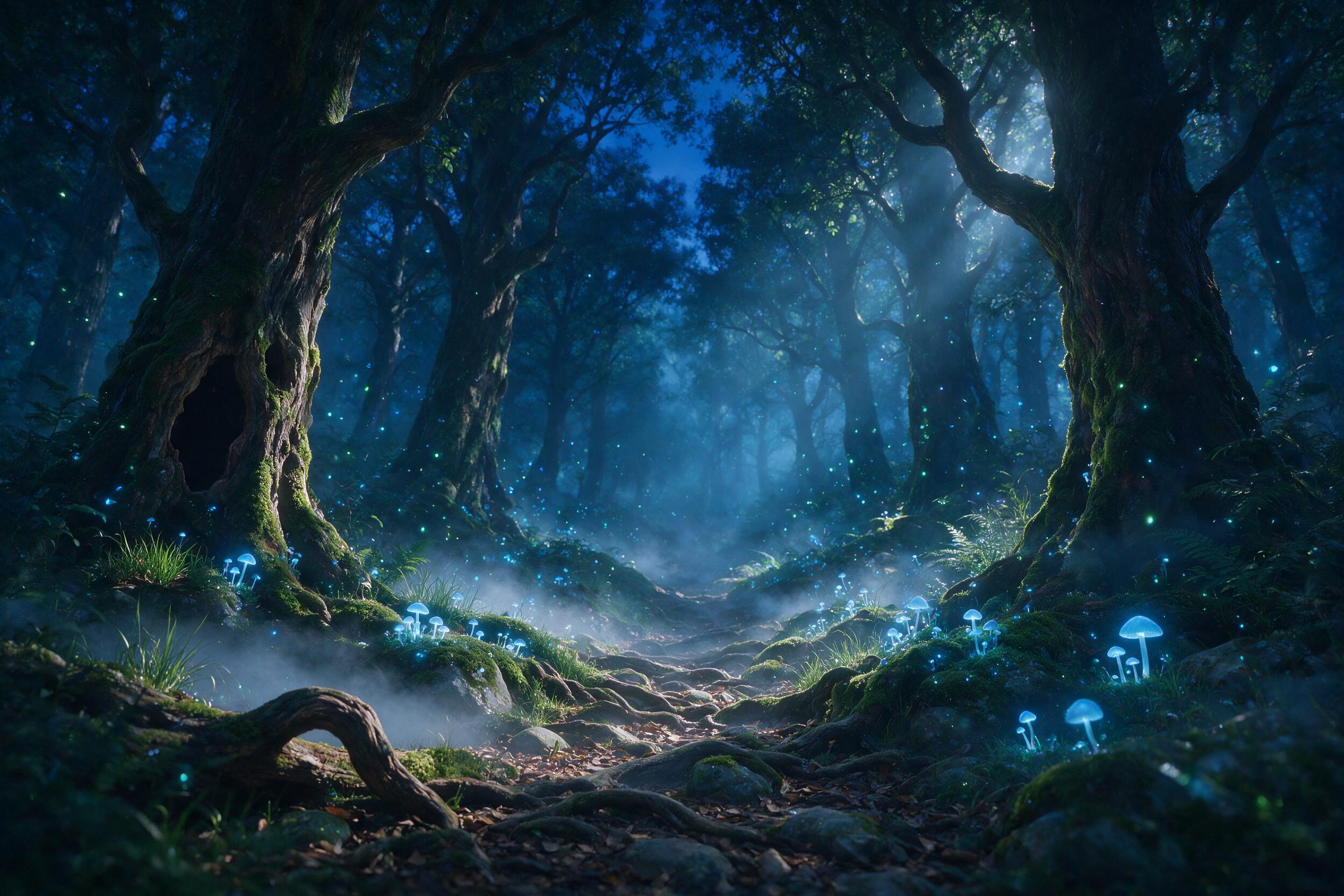 A mystical forest in twilight, glowing blue mushrooms and floating fireflies, ancient gnarled tree roots, soft mist rising from the ground, ethereal light filtering through canopy, peaceful and serene atmosphere with slight camera shake for a dreamlike feel.