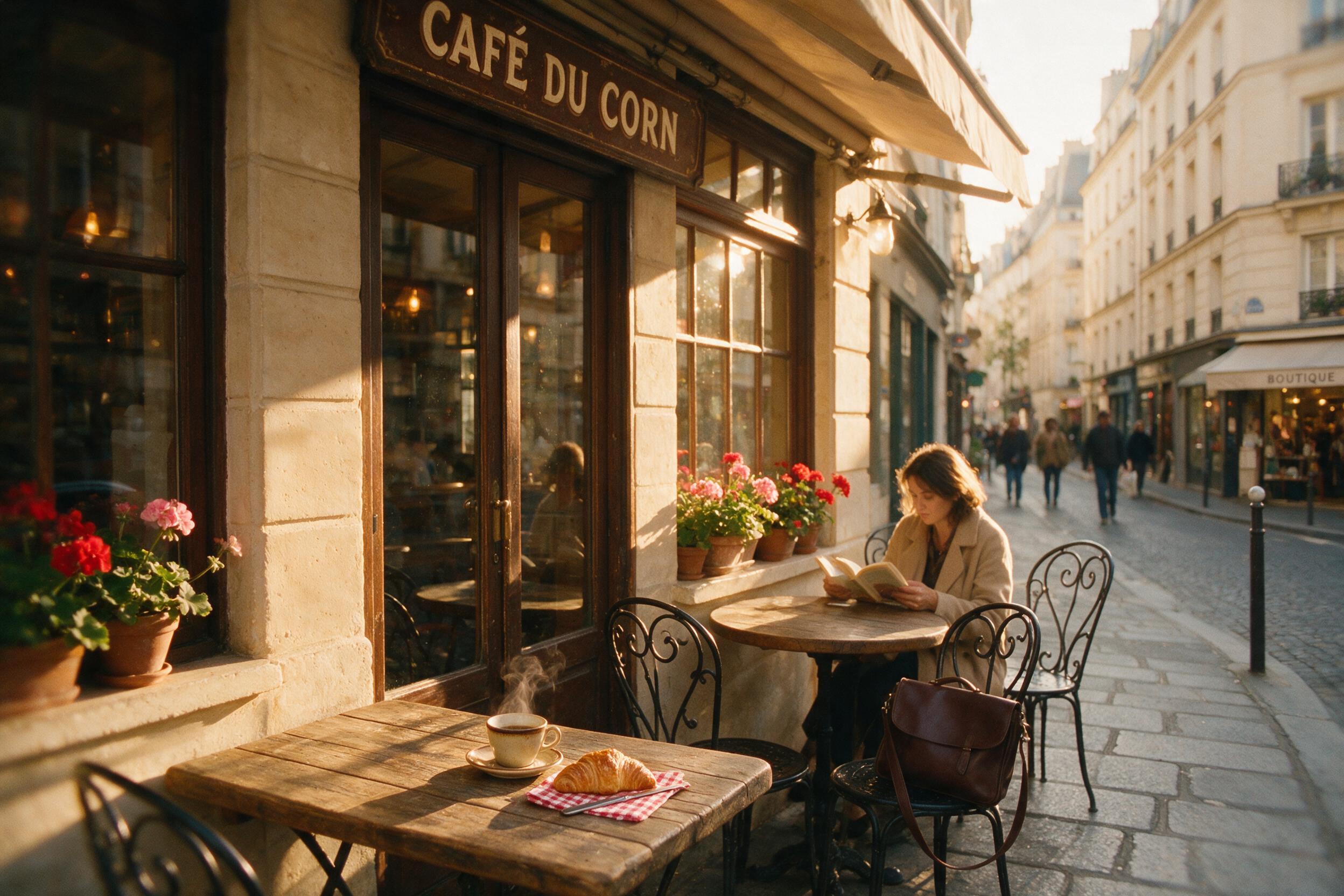 A cozy street cafe in Paris at golden hour, warm natural light streaming through the window, a woman in a beige coat reading a book, steam rising from a coffee cup, slight camera shake, film grain, bokeh background, soft focus edges