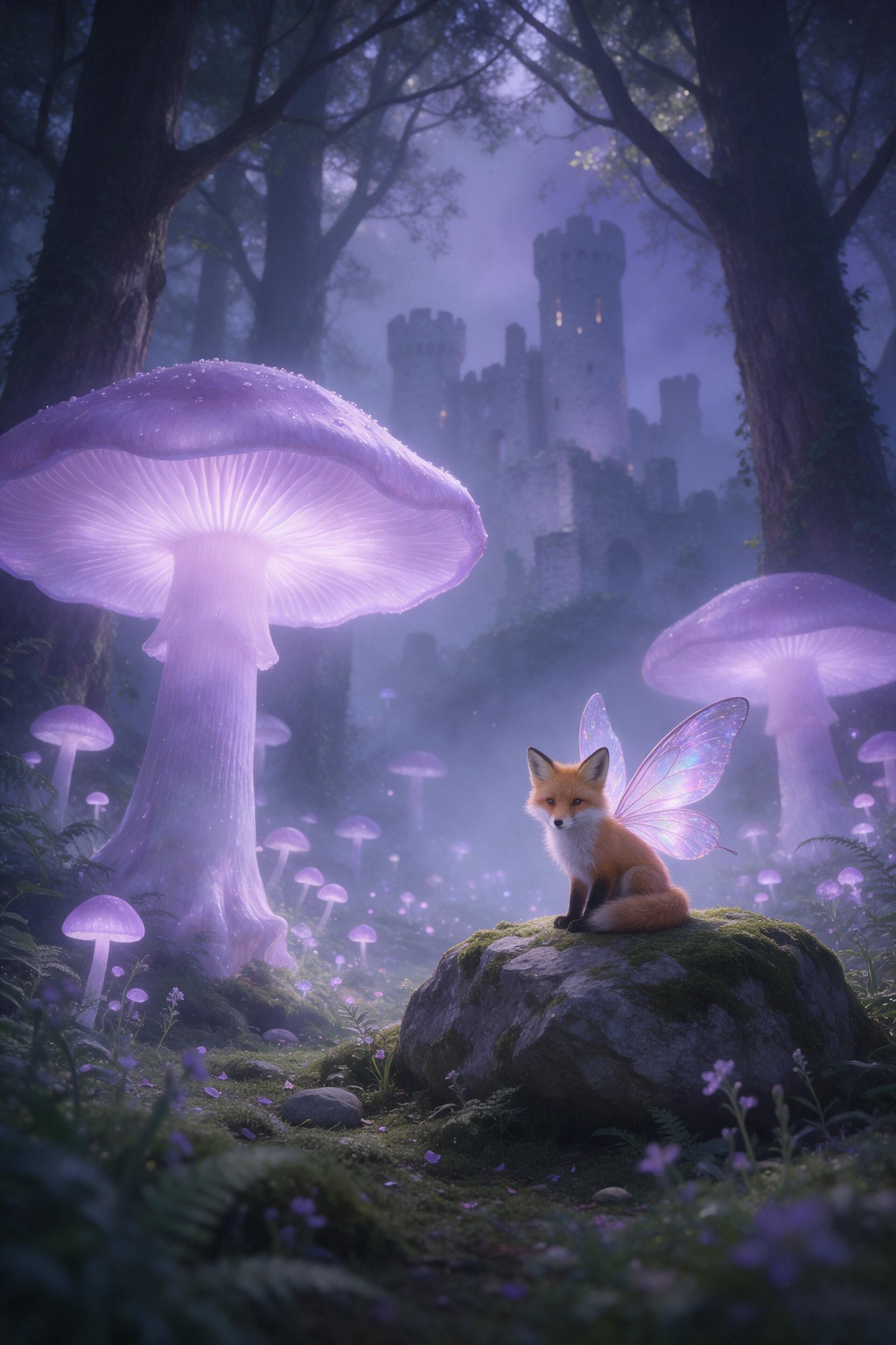 A misty twilight forest with giant glowing mushrooms casting soft lavender light, a tiny fox with iridescent wings perched on a mossy stone, distant castle ruins shrouded in fog, dappled light through ancient trees, ethereal atmosphere, painterly detail, low-angle view near ground level.