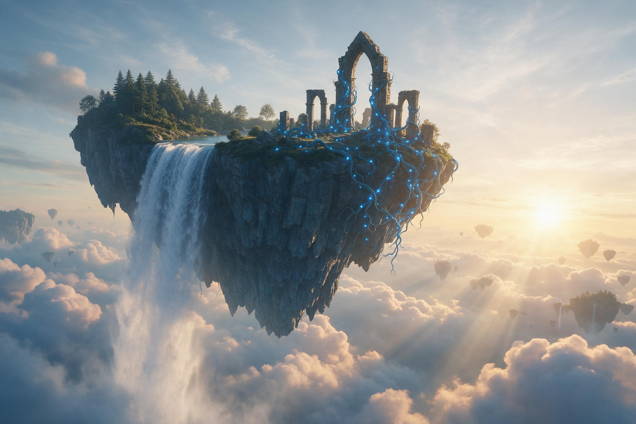 An ancient floating island above swirling clouds at golden hour, with a waterfall cascading into the void, ancient ruined stone arches wrapped in glowing blue vines, soft mist, warm sunlight piercing through, shot from below emphasizing scale, dreamy atmosphere