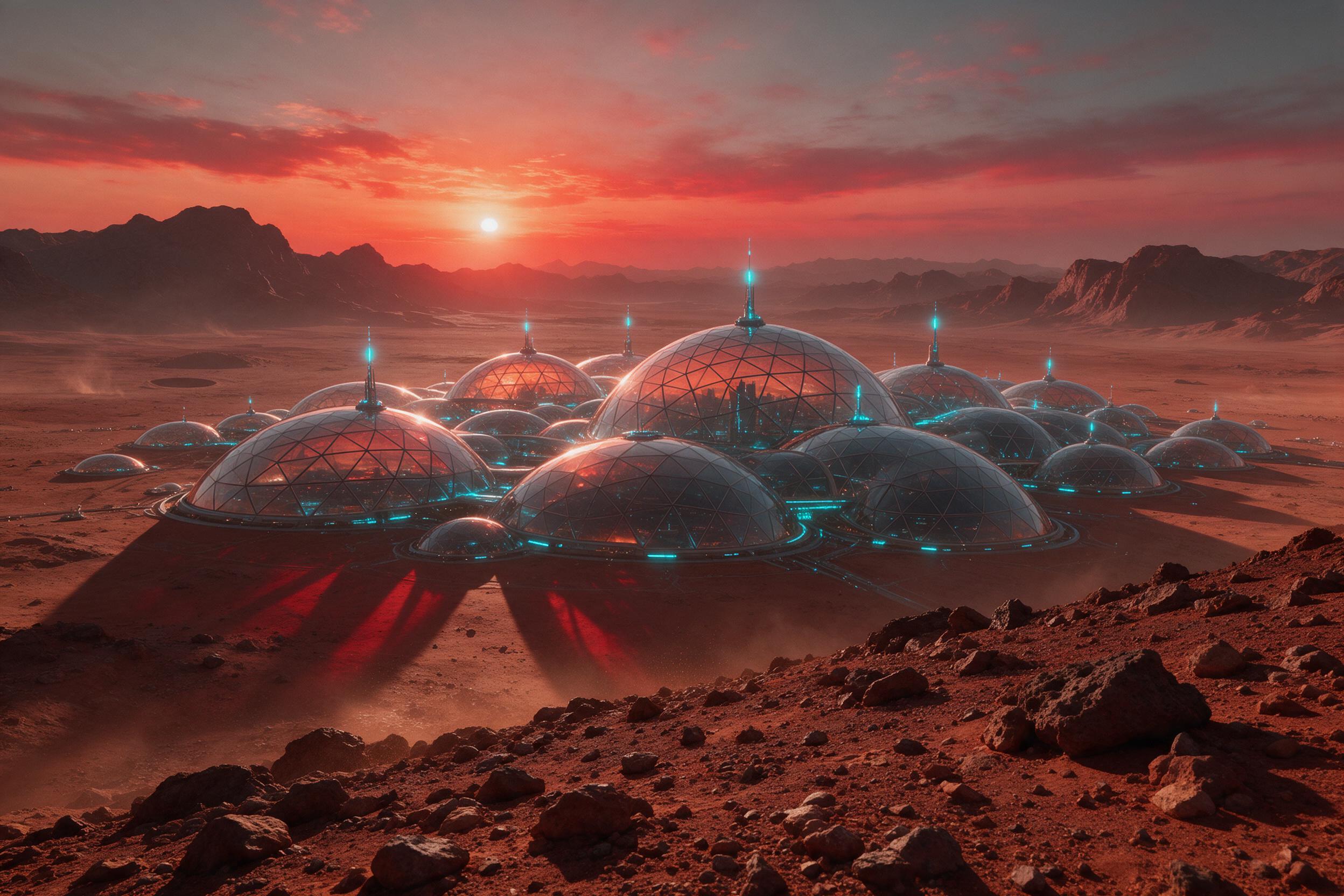A sprawling domed city on a rocky Mars-like terrain, sunset light casting long crimson shadows, glowing spires and neon accents in cyan, scattered atmospheric dust particles, view from a low hill revealing the city's curved glass panels reflecting the sky, slight haze in the distance suggesting thin