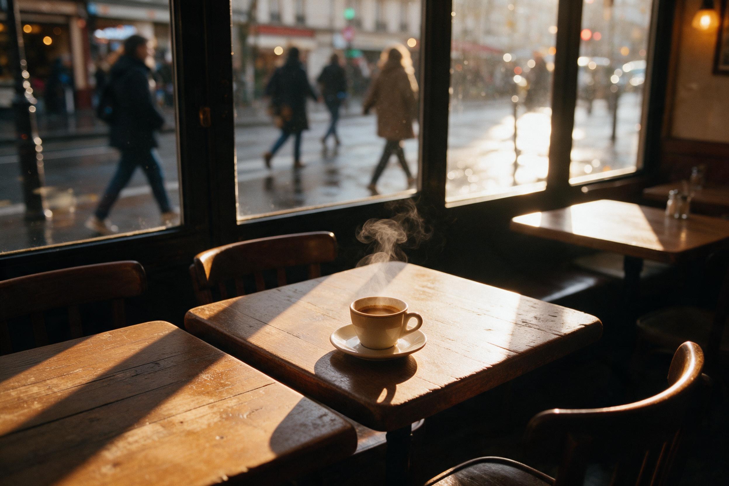 A cozy Parisian café interior at golden hour, warm sunlight streaming through large windows, casting long shadows on worn wooden tables, steam rising from a ceramic cup of espresso, blurred pedestrians passing outside on a rain-slicked street, soft bokeh, intimate atmosphere, slight grain, natural l