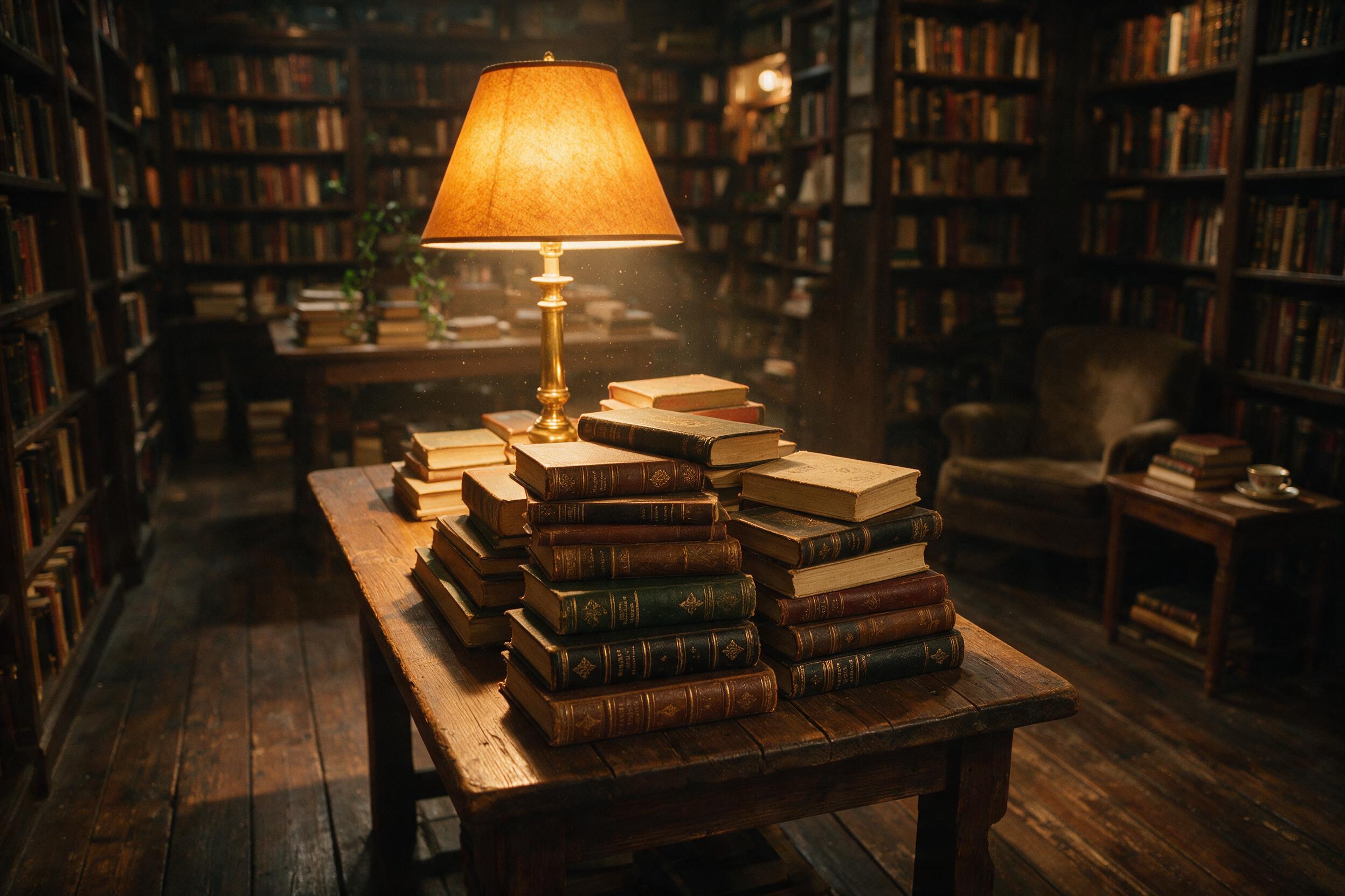 A cozy, dimly lit bookstore interior, warm amber light from a single brass lamp illuminating a stack of vintage books on a wooden table, dust motes floating in the air, soft focus on the background, slight camera shake, natural grain, comfortable armchair in the corner