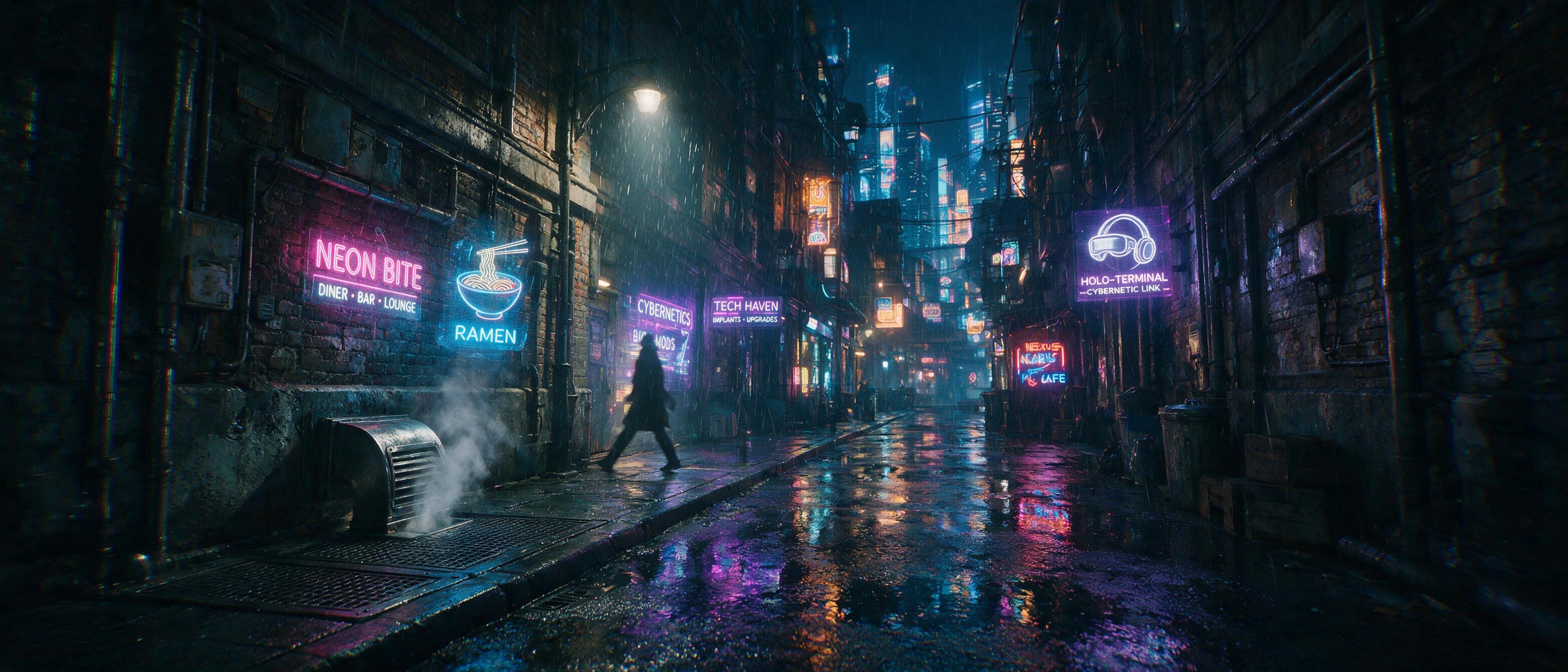 A neon-lit cyberpunk alleyway at midnight, rain-slicked asphalt reflecting glowing holographic advertisements, a lone figure in a trench coat walks past a flickering streetlamp, steam rising from a vent, slight chromatic aberration, dramatic shadows, cinematic composition