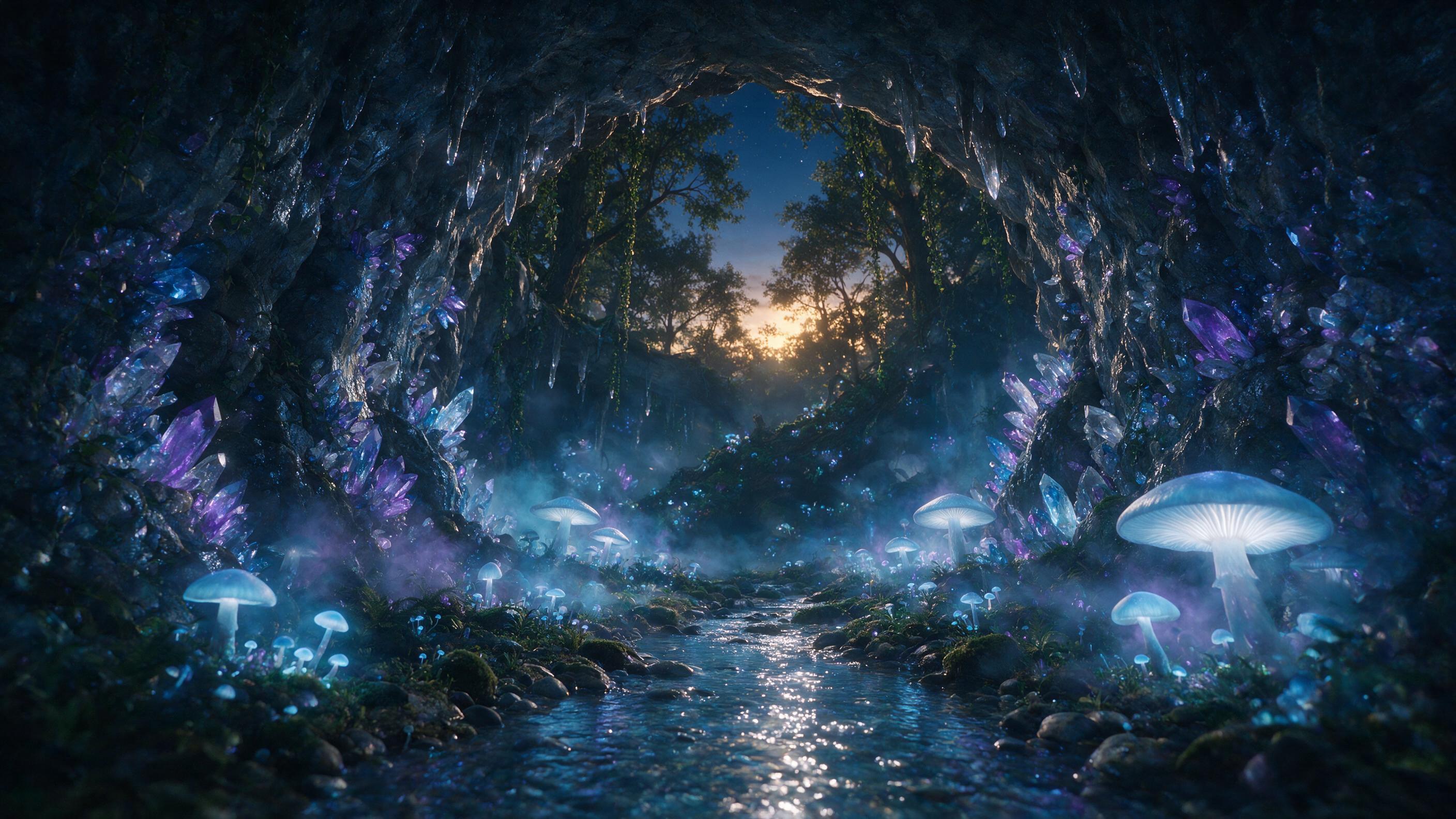 A luminous crystal cave hidden beneath a twilight forest, glowing mushrooms of varied sizes on the ground, soft blue and purple light reflected on the damp stone walls, a small stream of shimmering water winding through the cavern, mist swirling gently, cinematic composition with a low angle view, n