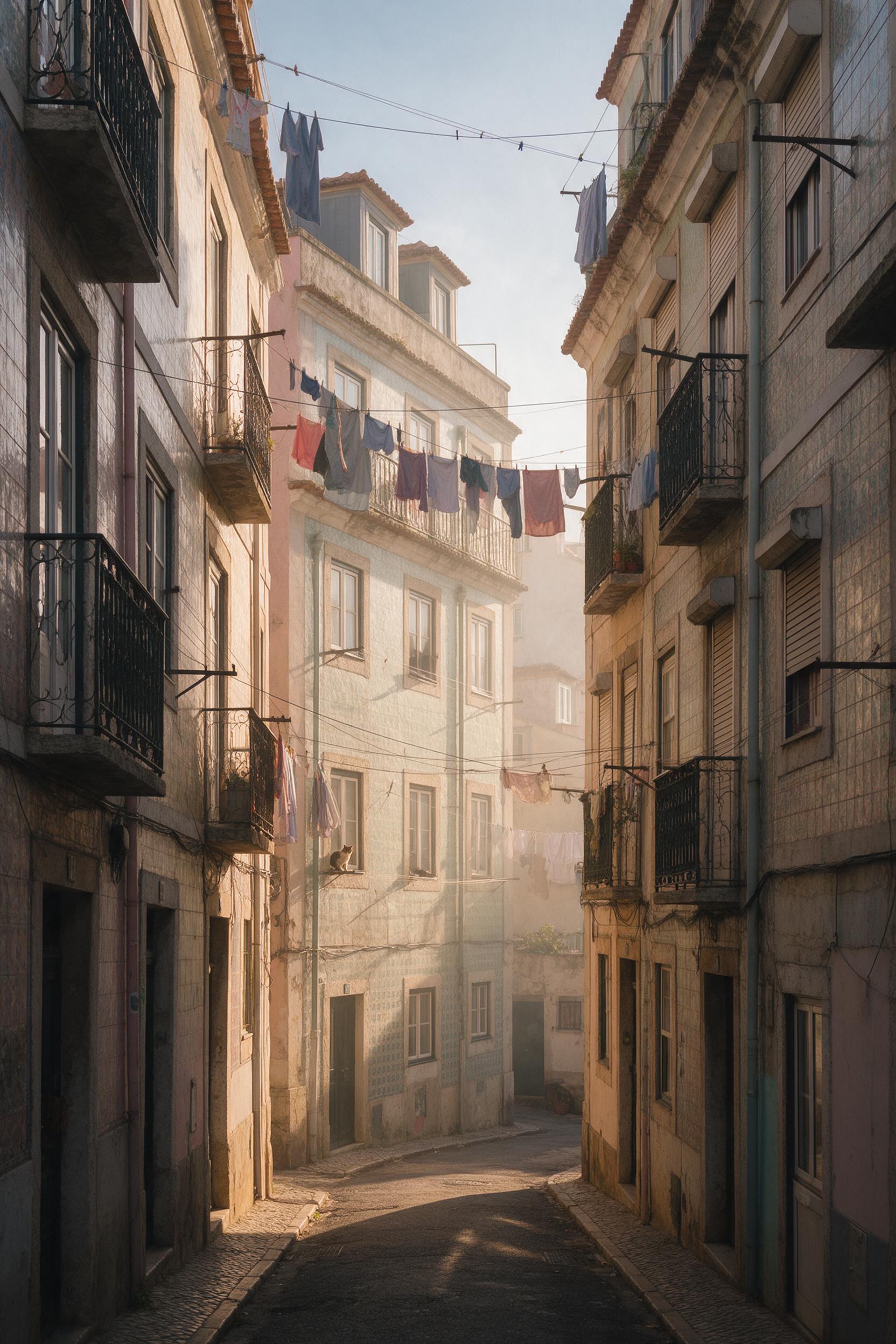 A narrow alley in Lisbon at golden hour, laundry lines crisscross overhead, worn tiled facades in faded pastel, a cat perched on a windowsill, warm sunlight casting long shadows, slight haze, candid street photography feel