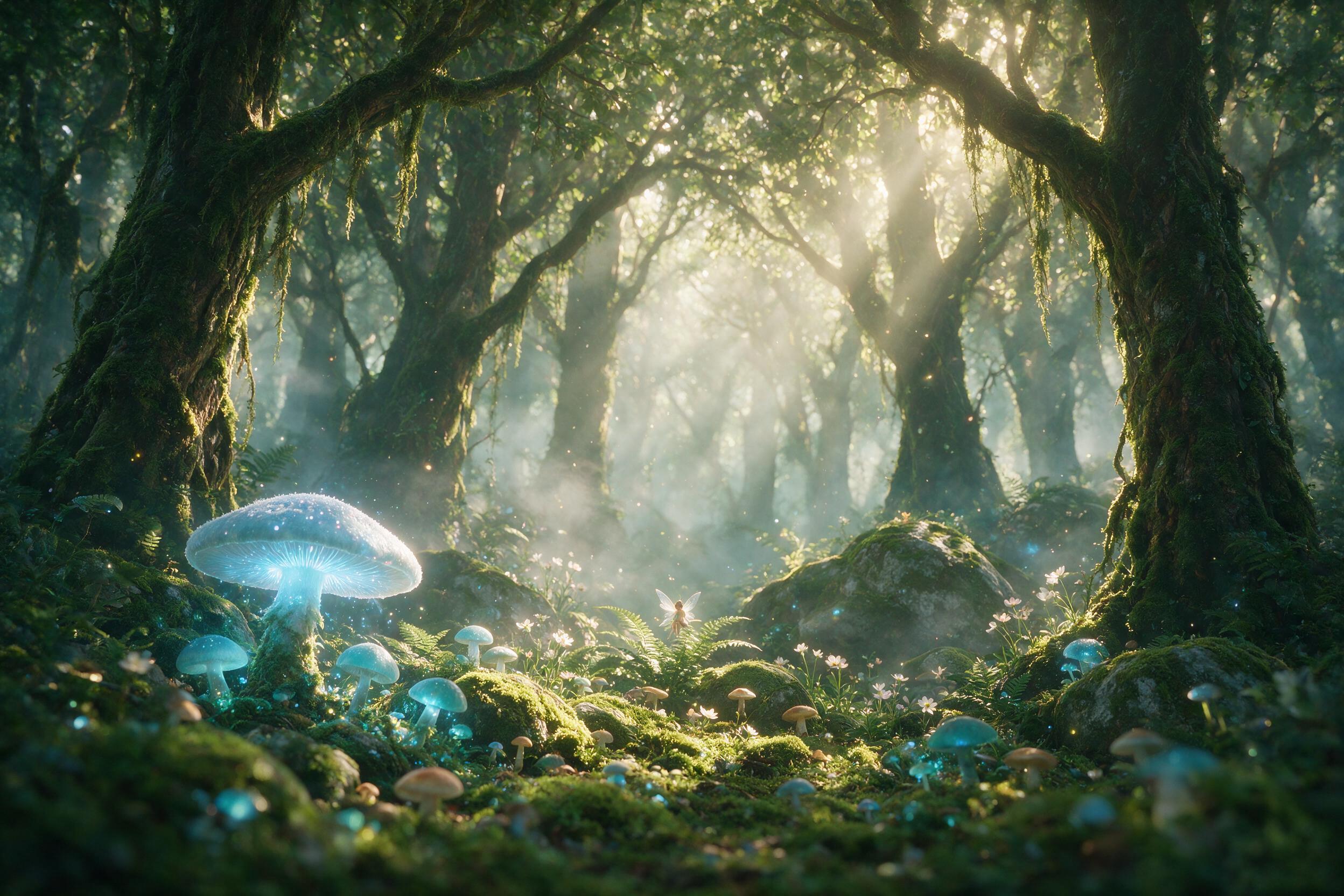 A sunlit ancient forest clearing, where giant glowing mushrooms cast soft blue light on moss-covered stones, a small fairy with translucent wings perched on a fern, mist weaving between tall gnarled trees, warm golden rays piercing through canopy, shallow depth of field, dreamy atmosphere