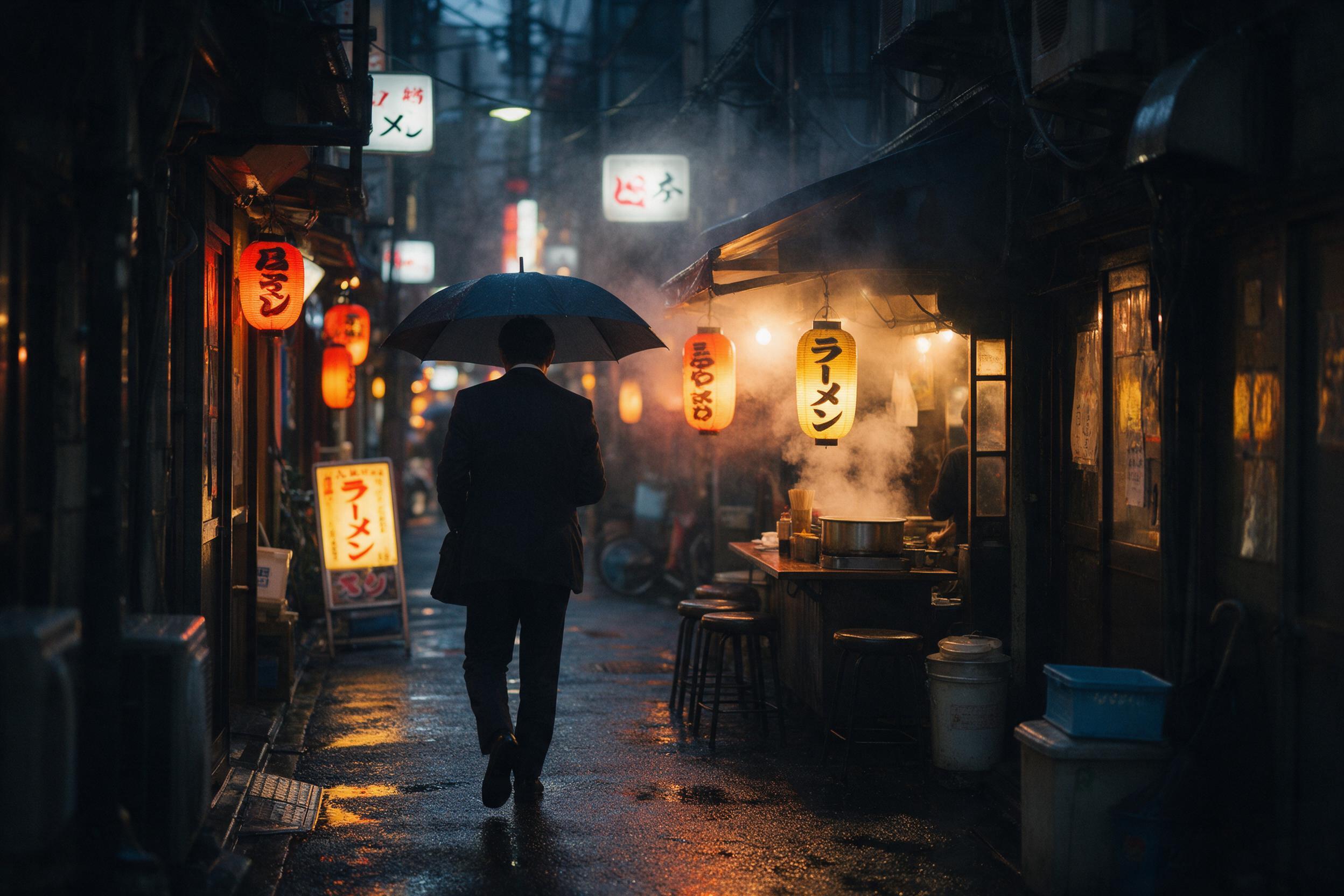 A narrow Tokyo alley at dusk, rain-slicked asphalt reflecting warm neon signs, steam rising from a ramen stand, a lone businessman with umbrella walking away, shallow depth of field, soft bokeh, natural humidity in the air