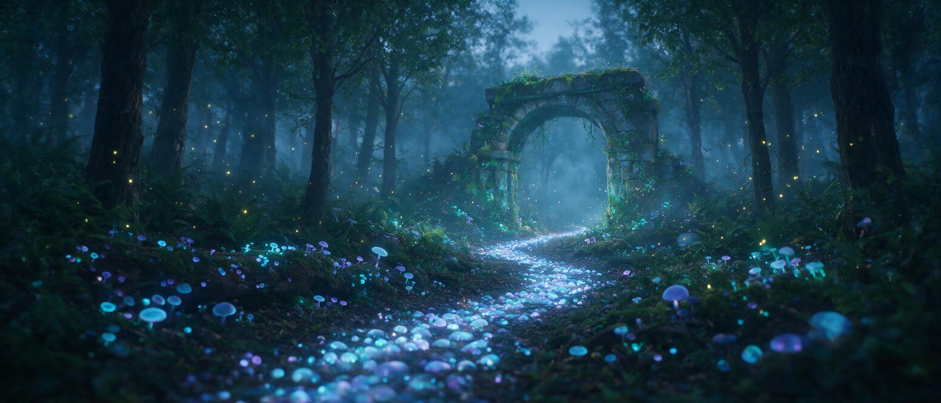 A misty twilight forest where bioluminescent mushrooms glow in soft blue and violet, a winding path of glowing stones leads to a distant ancient stone arch, fireflies drift in the air, gentle fog, cinematic wide shot, shallow depth of field, natural color palette with subtle teal highlights