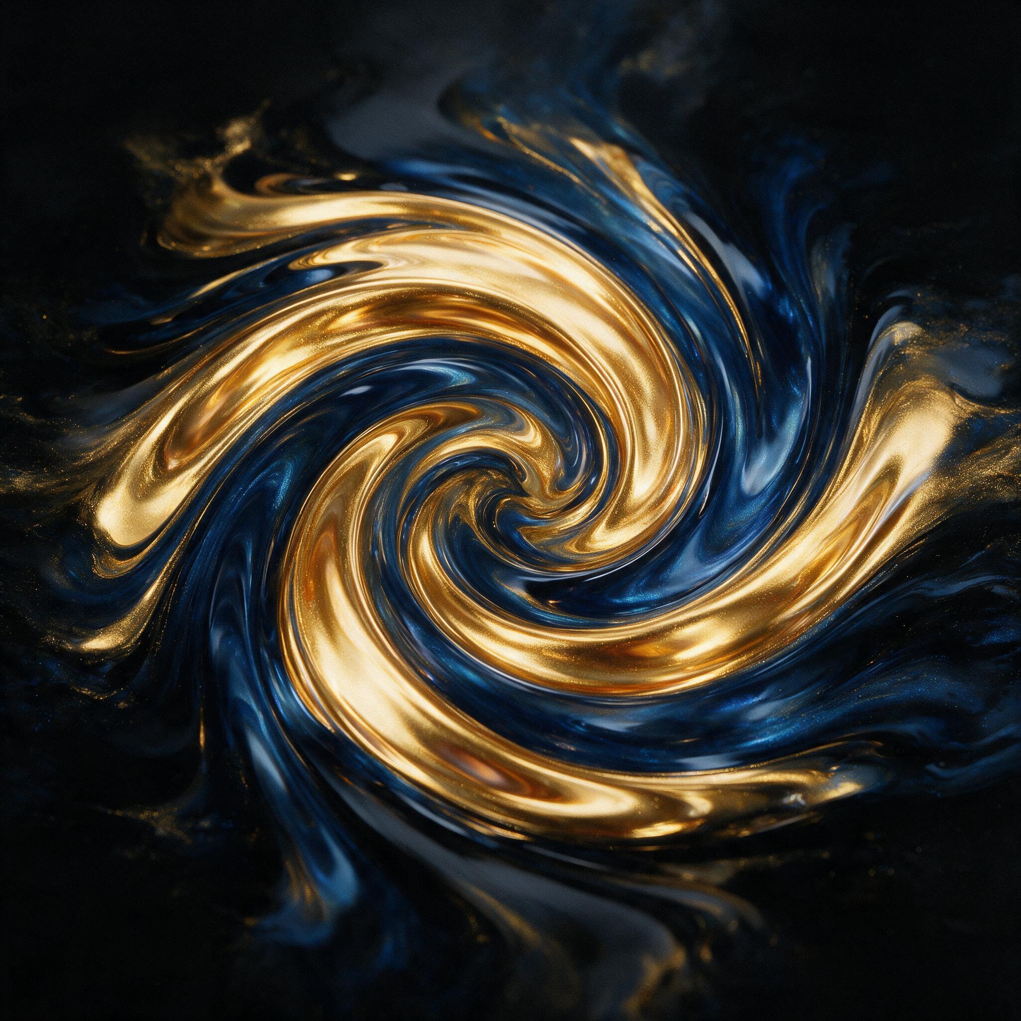 A swirling vortex of molten gold and deep blue ink, organic fluid shapes forming a hypnotic spiral, soft diffused lighting from above, subtle reflections on a glossy black surface, minimalist composition with negative space, slight grain for texture