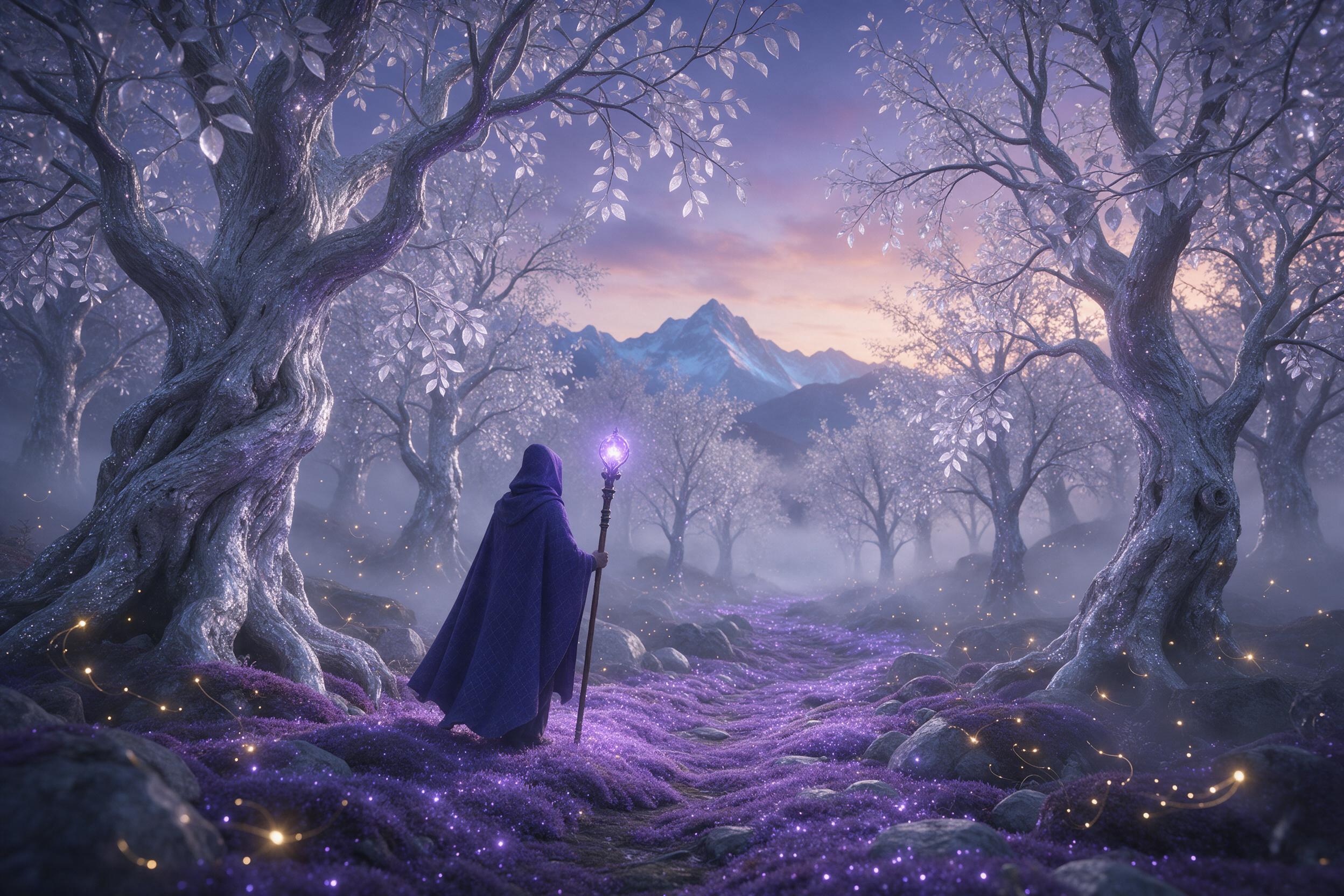 A luminous crystalline forest at twilight, glowing violet moss carpeting a winding path, ancient gnarled trees with silver bark and translucent leaves, a lone hooded traveler holding a glowing staff, fireflies drifting in spiral patterns, soft fog between trunks, cool blue rim light from a distant m