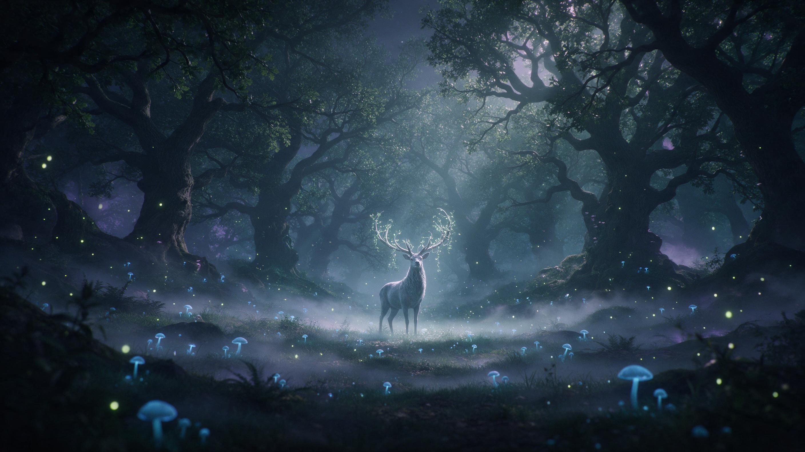 A misty moonlit forest clearing with glowing blue mushrooms and a solitary silver stag, its antlers entwined with luminous vines, soft fog rolling between ancient oaks, ethereal light rays filtering through canopy, scattered fireflies, dreamlike atmosphere, muted teal and violet palette, cinematic s