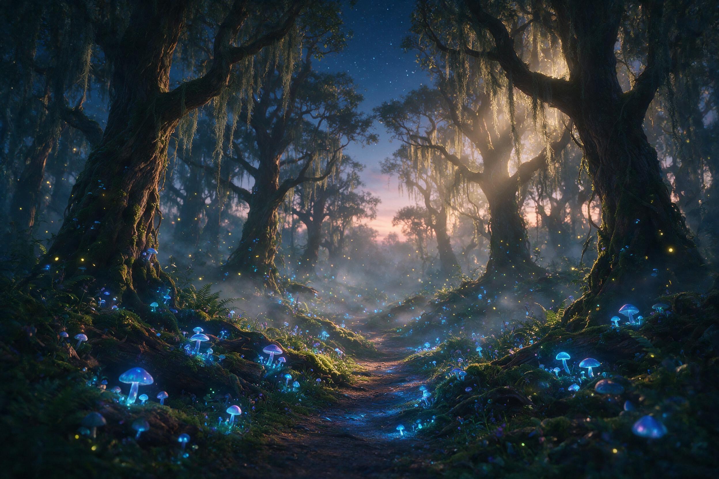 A mystical forest at twilight, glowing bioluminescent mushrooms and floating fireflies, ancient gnarled trees with hanging moss, a winding path covered in soft blue light, fog rolling in from the ground, ethereal atmosphere, soft golden hour light filtering through canopy, shallow depth of field, ci