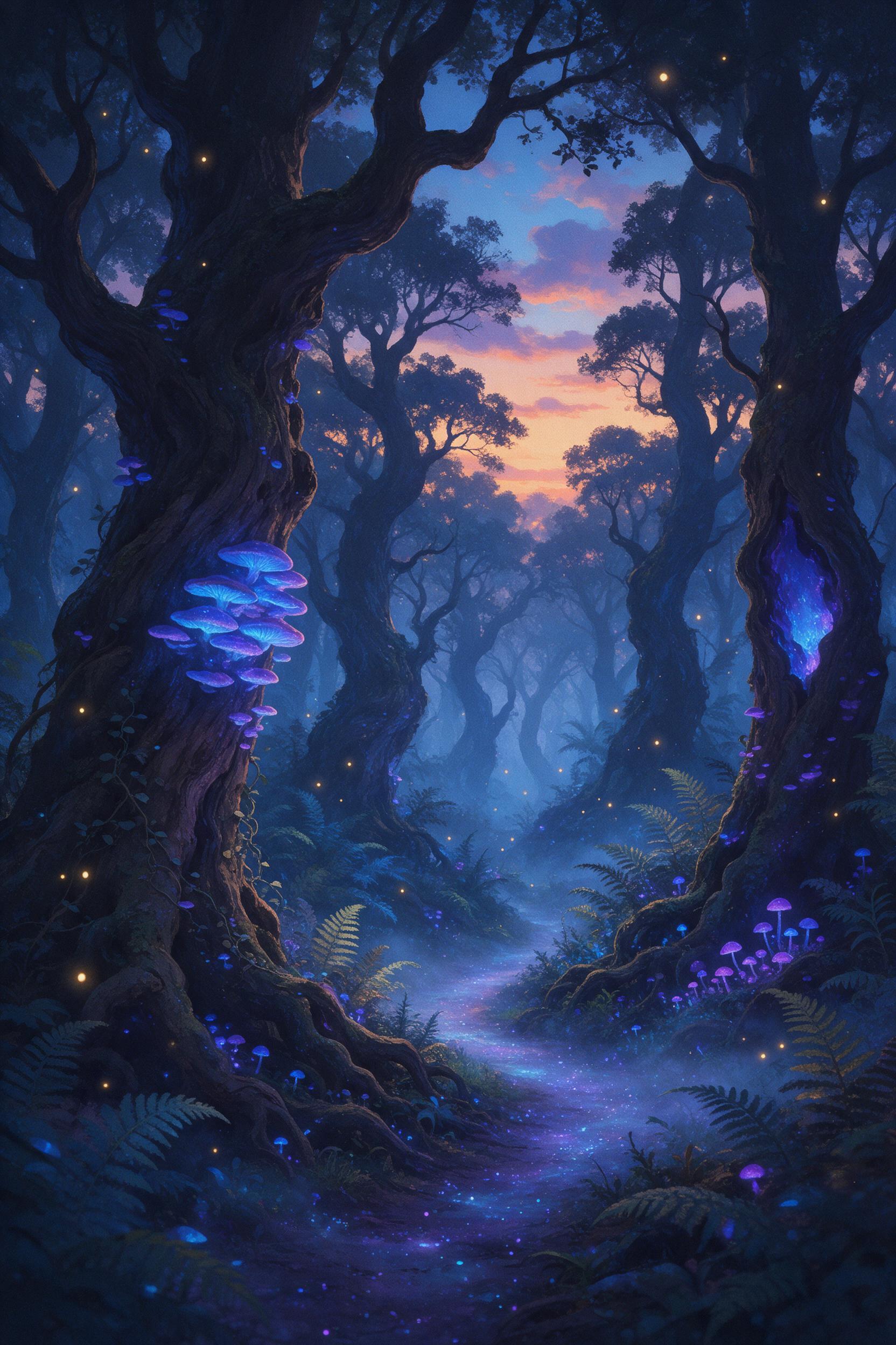 A bioluminescent forest at dusk, ancient gnarled trees with glowing blue and purple fungi, a winding path of soft light through ferns, fireflies and ethereal mist, dreamy atmosphere, soft diffused backlight, rich shadows, painterly style, delicate details