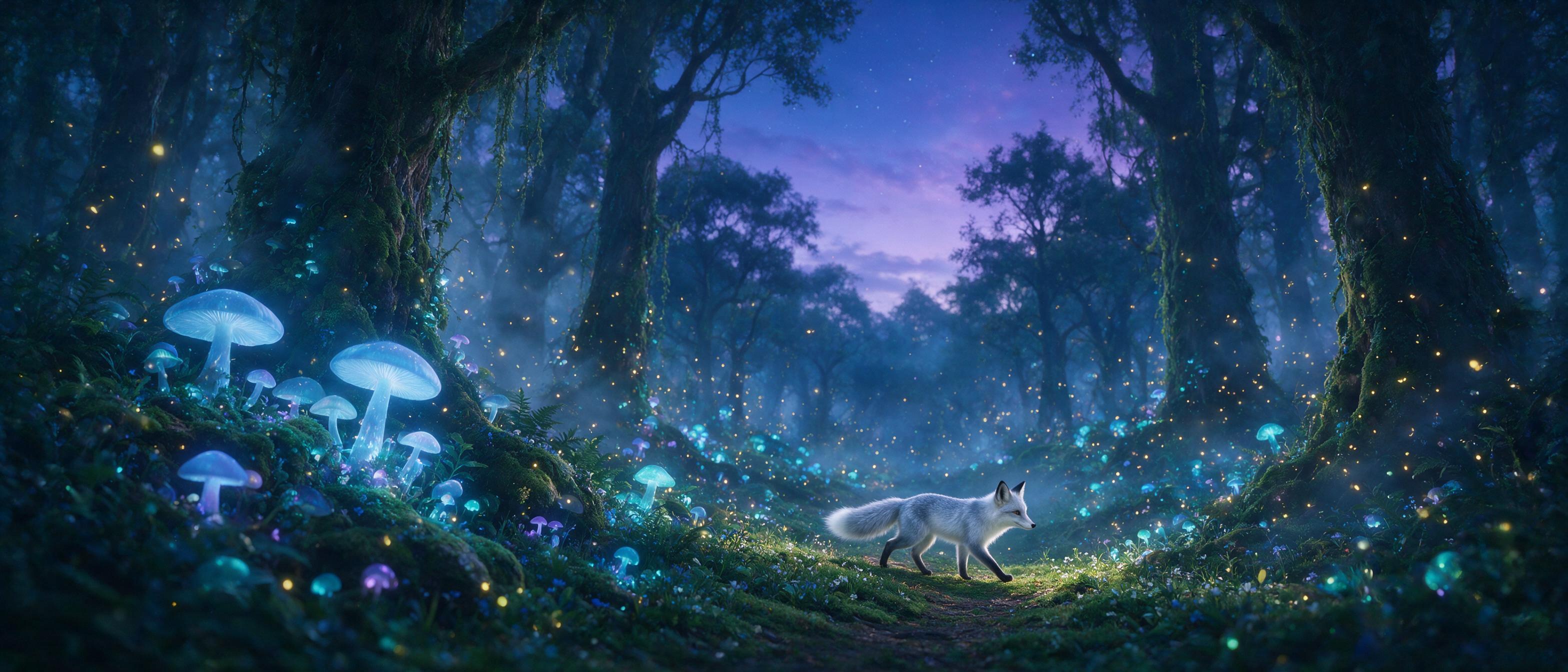 A bioluminescent forest at twilight, giant glowing mushrooms casting soft blue light, a small fox with silver fur walking on a mossy path, fireflies swirling like stars, mist between ancient trees, cinematic wide shot, shallow depth of field, cool color palette with warm highlights