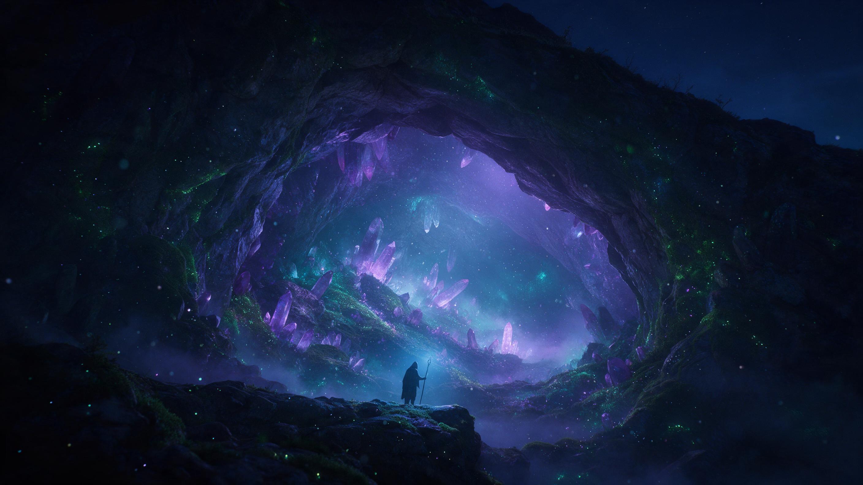 A glowing crystal cave beneath a midnight sky, with bioluminescent moss and floating dust motes. A lone hooded figure holding a staff stands on a rocky ledge, casting a soft blue light. Purple and teal hues, volumetric fog, cinematic wide shot.