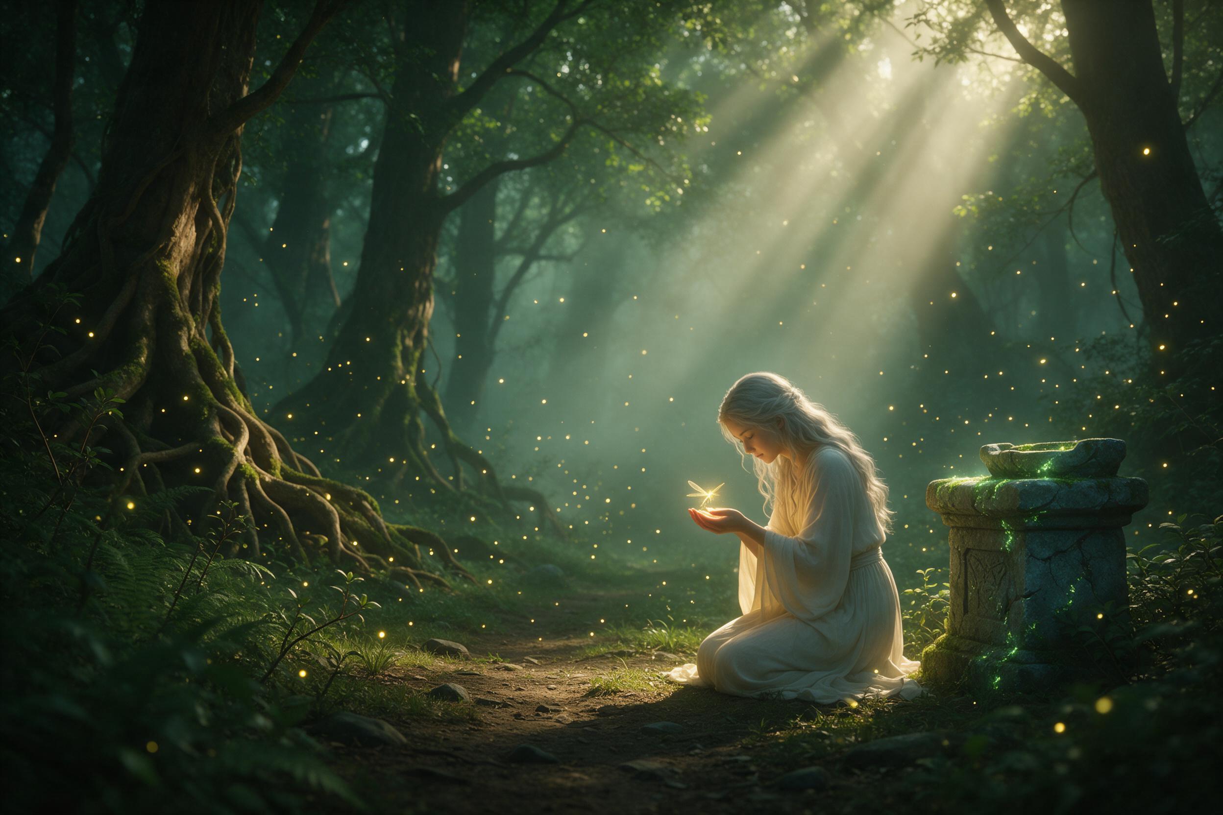 A misty emerald forest clearing, fireflies swirling like living constellations, an ancient stone altar covered in glowing moss, a young woman with silver hair in flowing white robes, kneeling, cupping a tiny dragonfly that emits golden light, soft volumetric god rays piercing dense canopy, deep shad