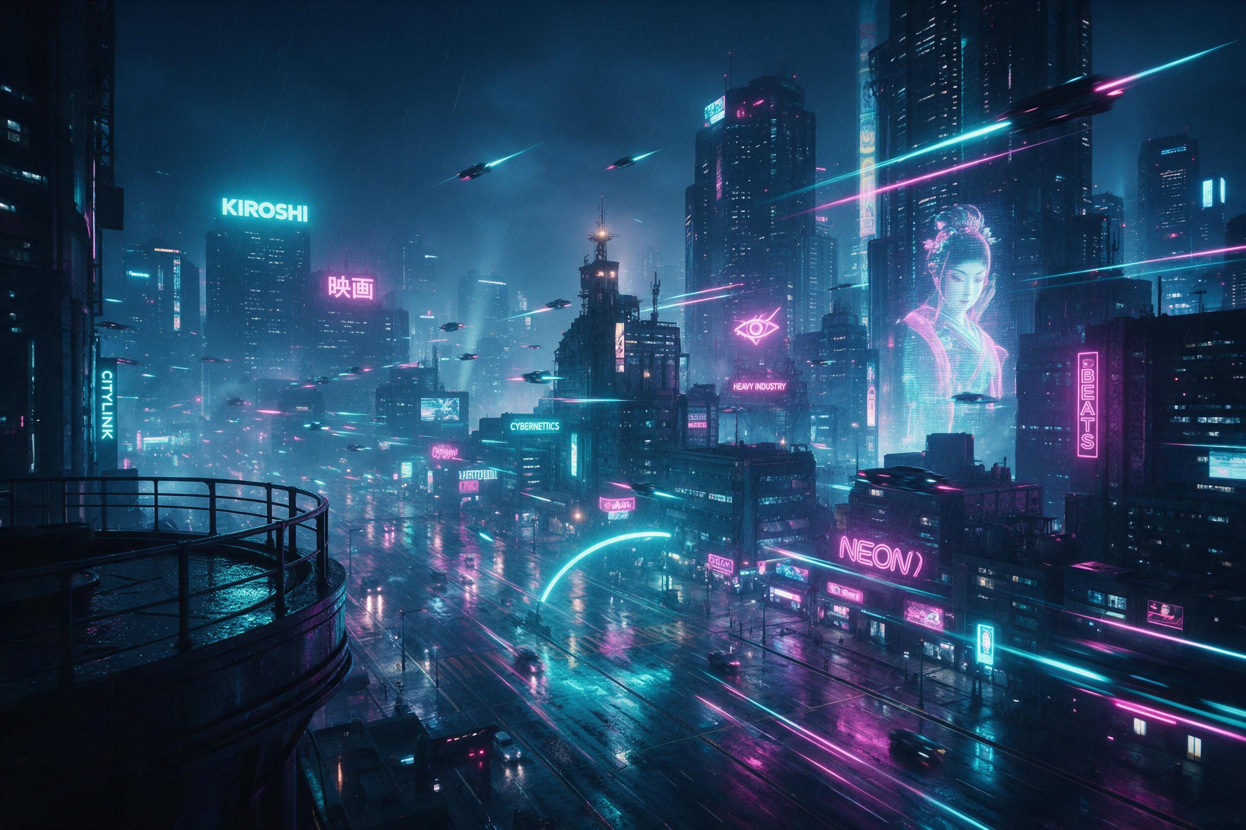 Aerial view of a rain-soaked cyberpunk district at night, neon cyan and magenta signs reflecting on wet asphalt, flying vehicles with trailing light streaks, dense high-rises with holographic advertisements, misty atmosphere, cinematic wide shot with depth of field