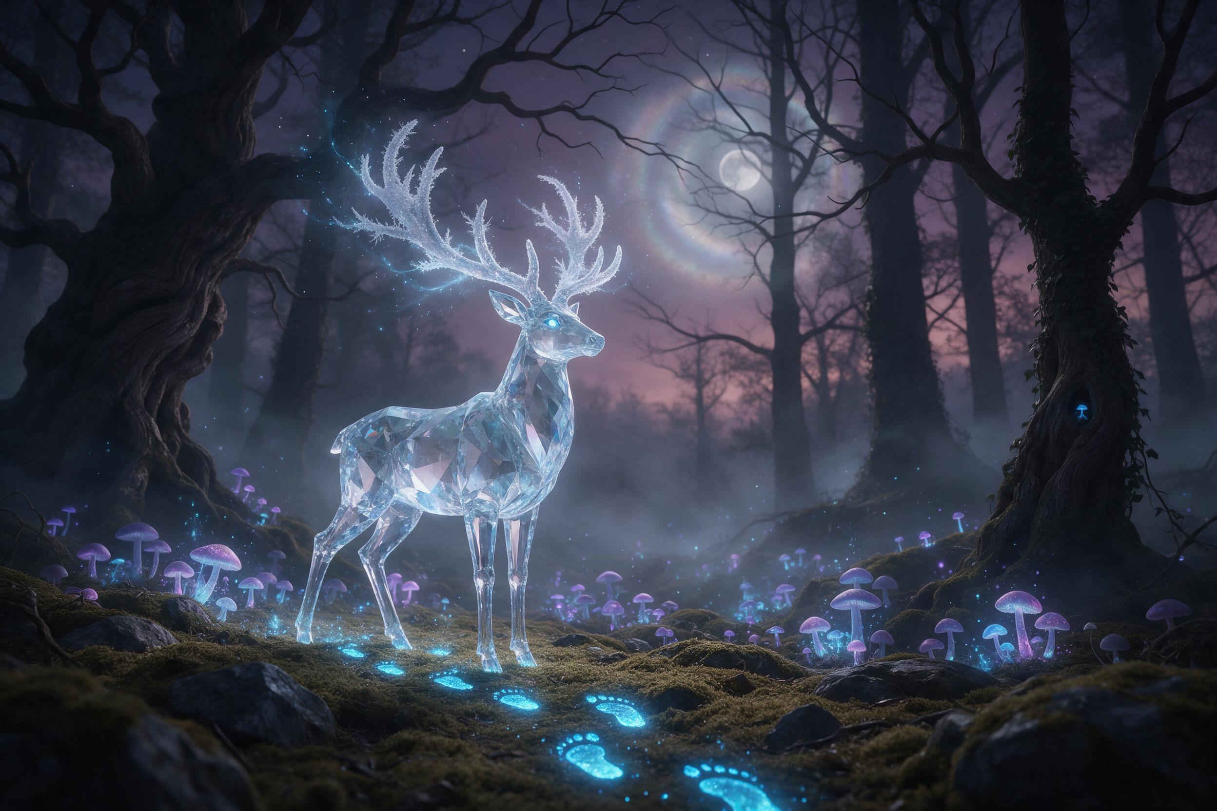 A glowing crystal stag with antlers of frosted light stands in a misty twilight forest, where bioluminescent mushrooms cast soft cyan and violet glows. The stag's hooves leave shimmering blue footprints on damp moss. Fog drifts between ancient gnarled trees, and a faint, ethereal full moon peeks thr