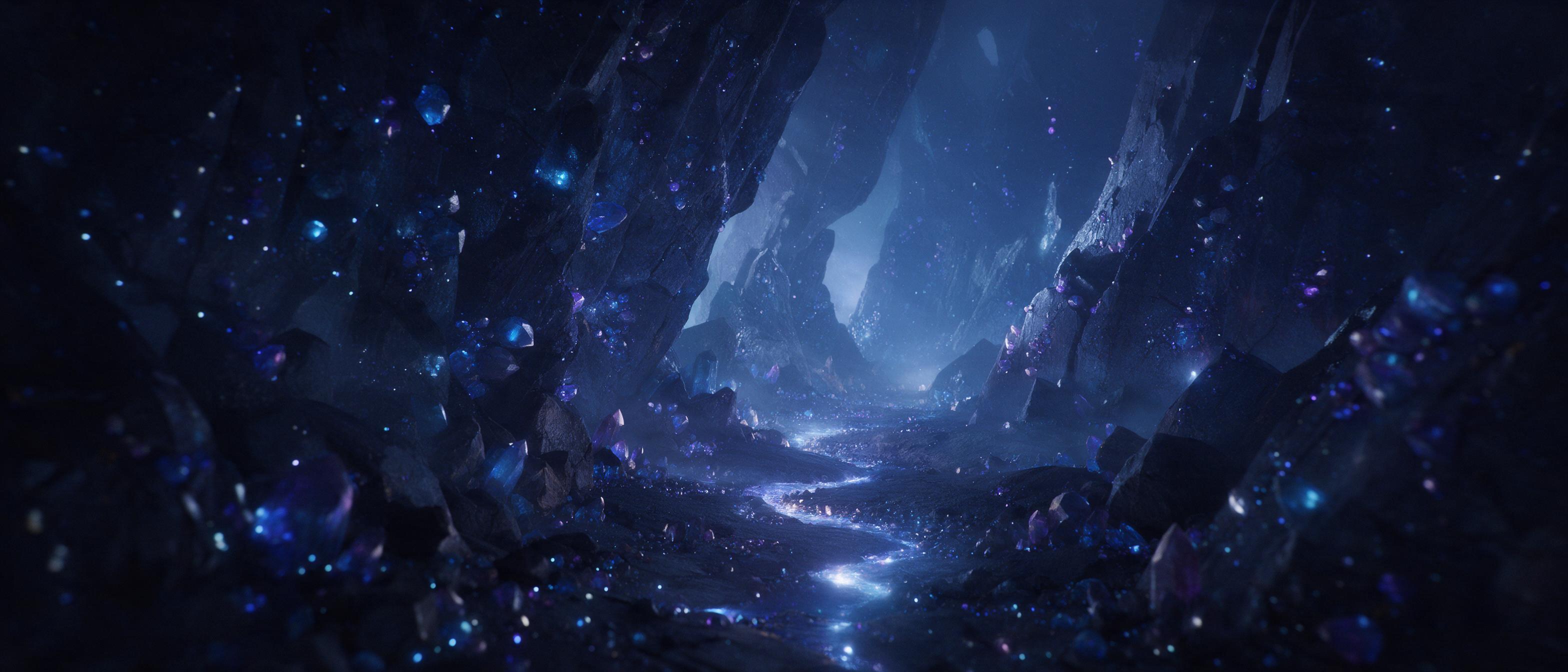 A moonlit crystal cavern, glowing blue and purple gems embedded in jagged rock walls, a small glowing stream winding across the floor, misty air catching the light, ethereal atmosphere, soft ambient glow, deep shadows, high contrast, cinematic composition