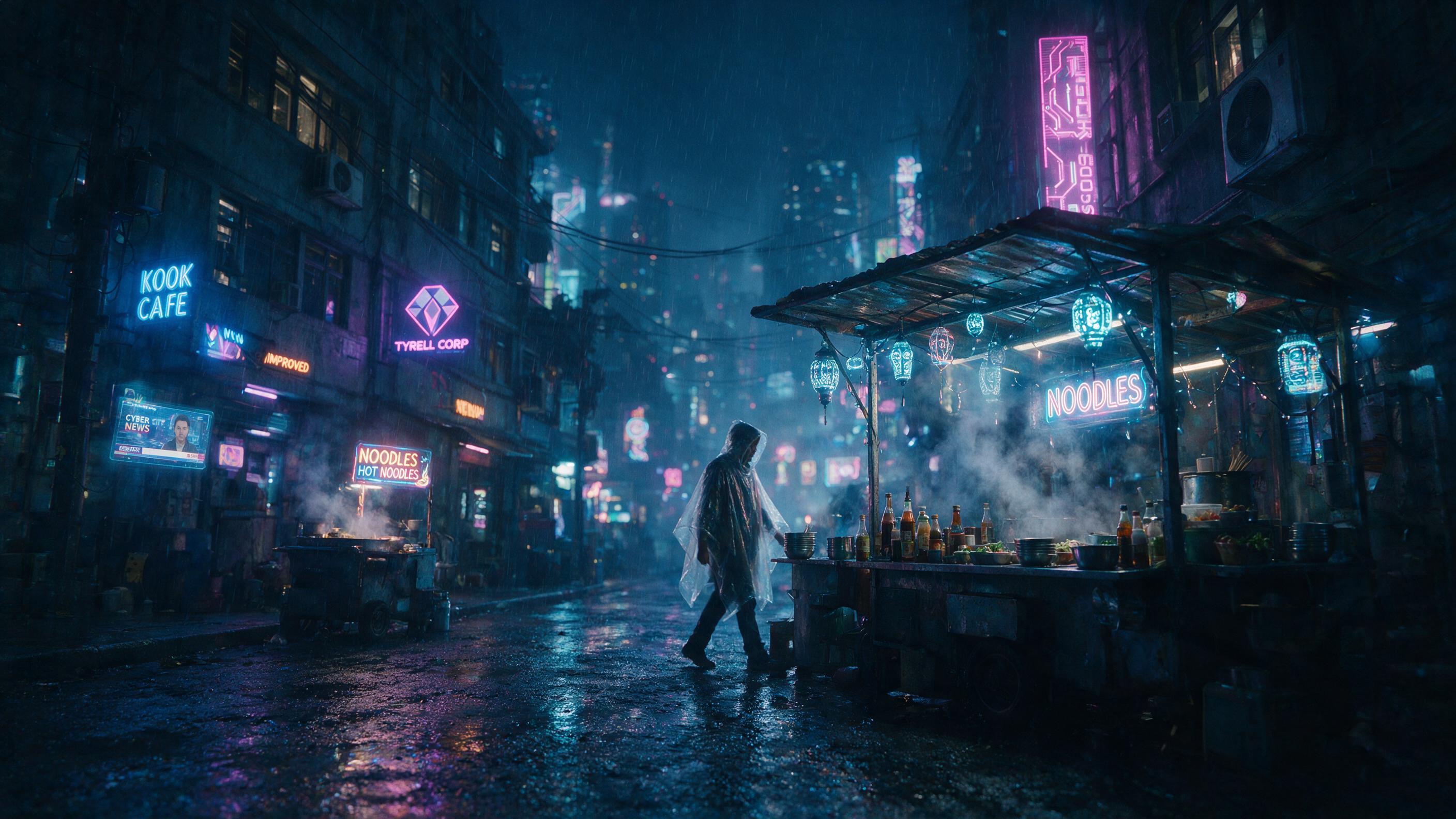 A neon-lit cyberpunk alleyway at night, rain-slicked asphalt reflecting holographic advertisements, a lone figure in a translucent poncho walks past a flickering noodle stall, steam rising from the grill, shallow depth of field with focus on the figure, cool blue and magenta tones, cinematic lightin