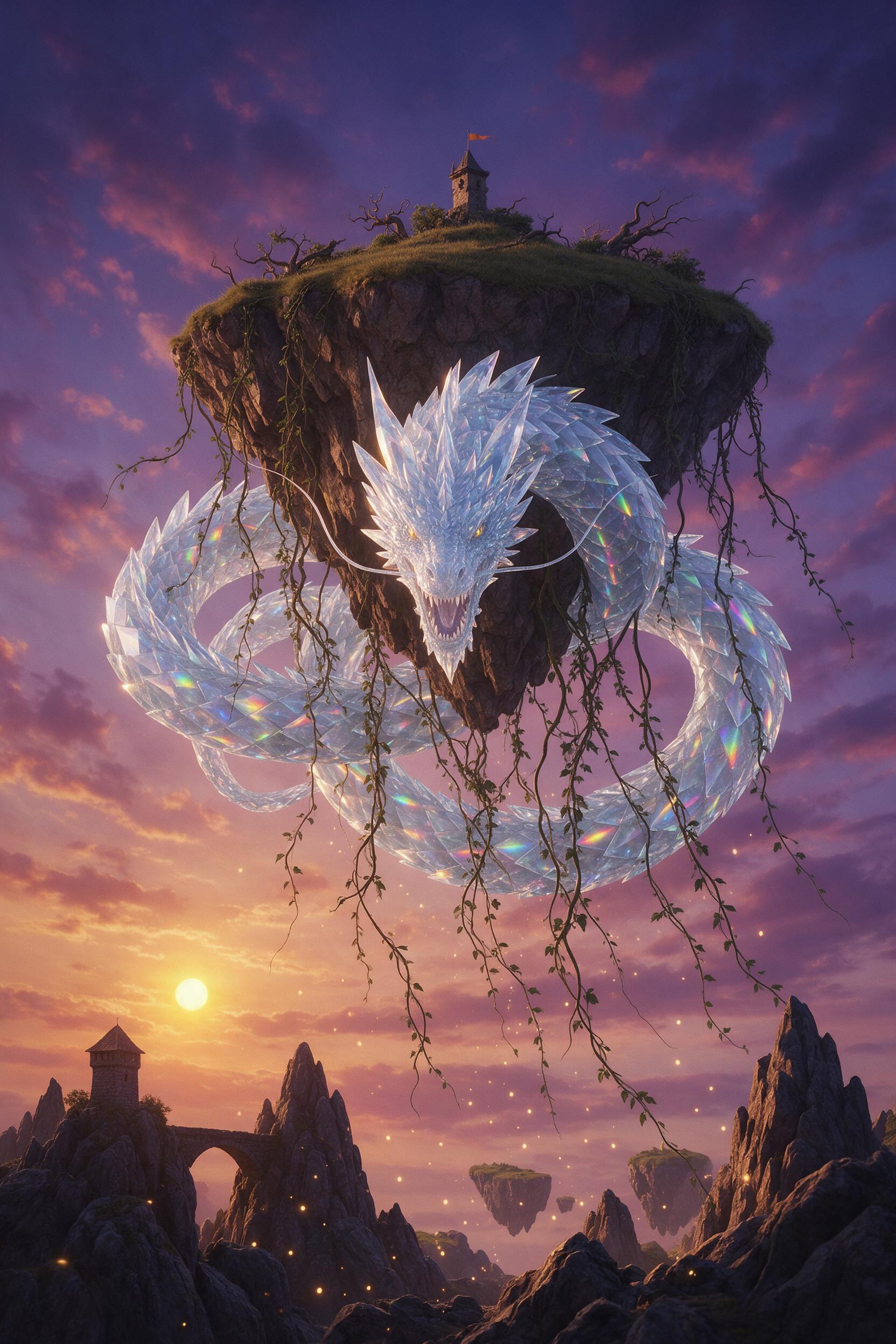 A glowing crystal dragon coiled around a floating island, in a twilight sky with purple and orange hues. Its translucent scales refract light into soft rainbows. Tiny glowing spores drift from the island's hanging vines. Wide-angle view from below, emphasizing the dragon's massive silhouette against
