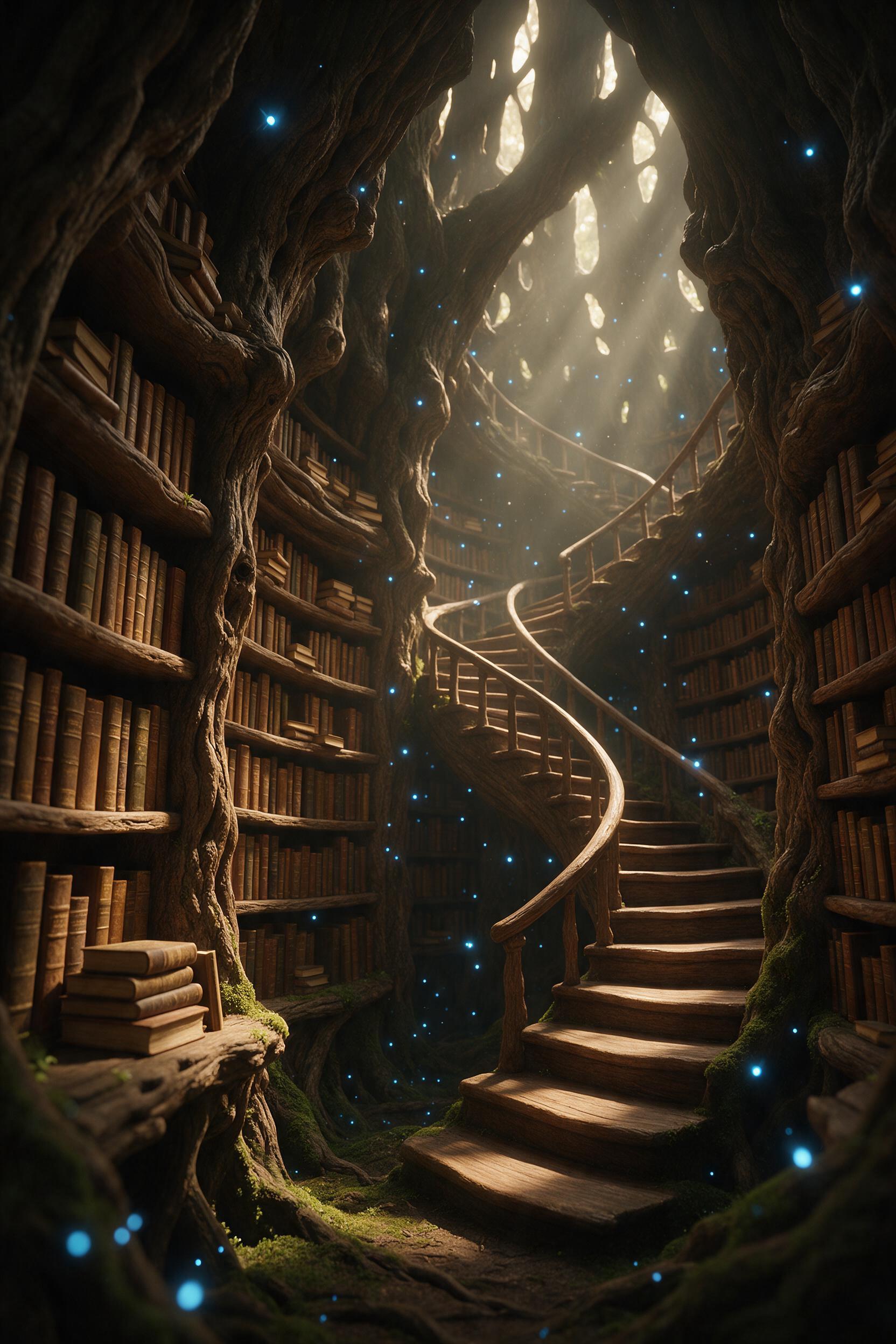 An ancient library hidden in a massive hollow tree, glowing blue fireflies drift among towering bookshelves carved from bark, a winding staircase spirals upward, soft magical light filters through cracks above, dust motes dance in beams, rich browns and emerald greens, shallow depth of field