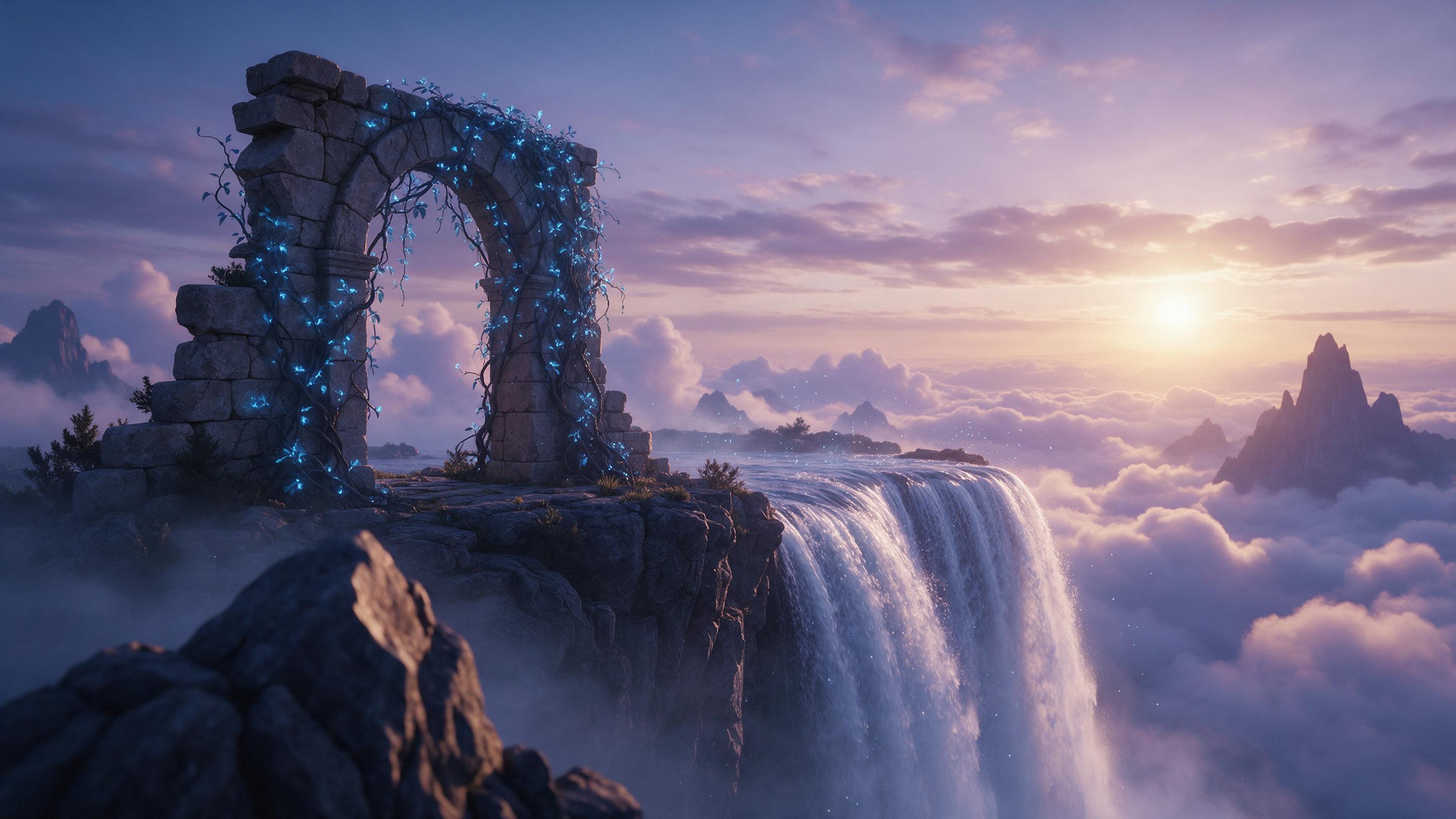 A floating island above a sea of clouds at dusk, with a ruined stone archway covered in glowing blue vines, a silver waterfall cascading into the void, warm orange horizon light, cool purple shadows, cinematic composition, subtle mist and drifting particles